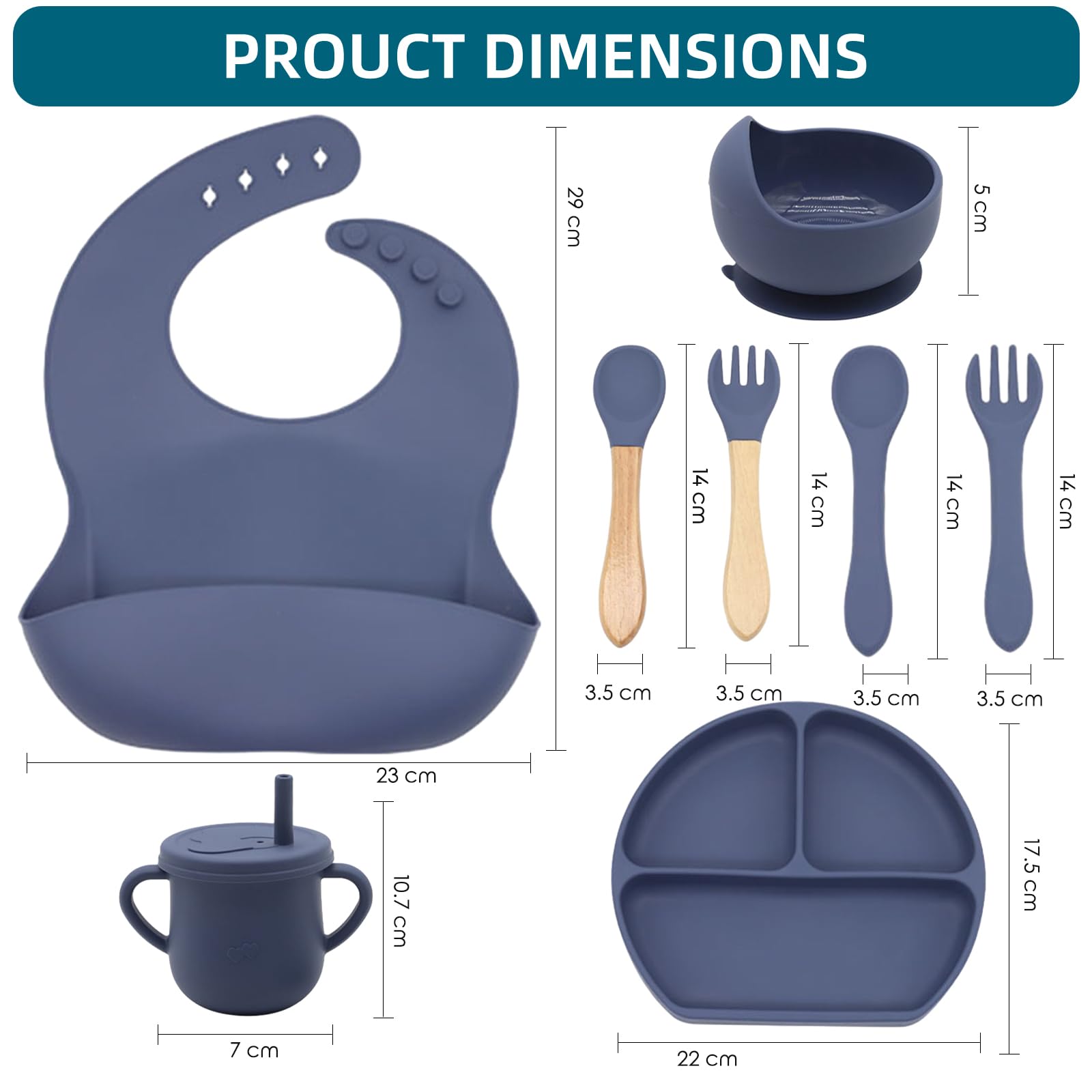 100% Silicone Baby Feeding Set - BPA Free Toddler Dish Set with Suction Bowl, Divided Plate, Spoons, Forks, Sippy Cup & Bib - Self Feeding Utensils for Babies & Kids (Navy Blue) - Perfect for Home, Travel & Daycare Use
