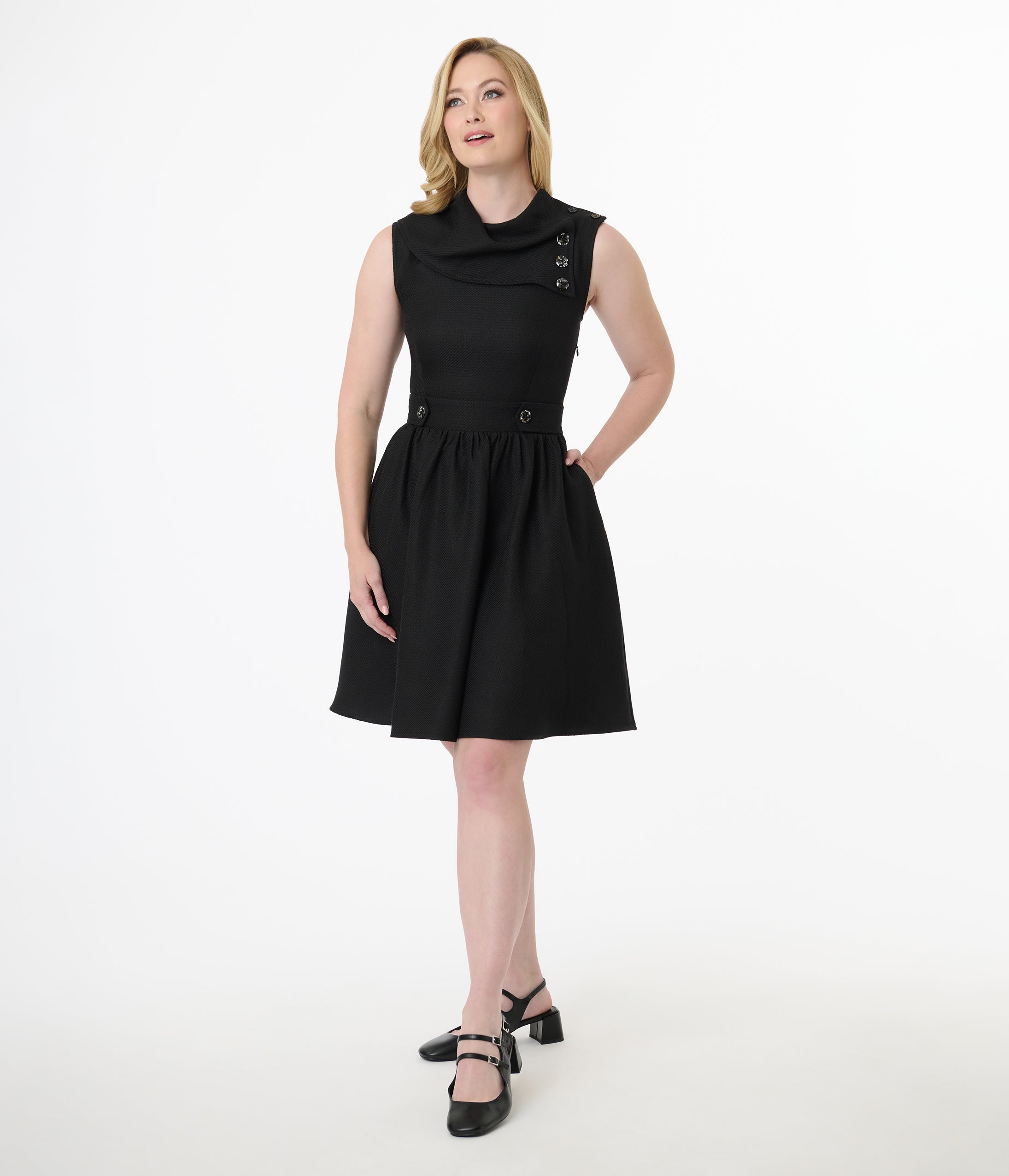 Smak Parlour Black Tweed Funnel Neck Fit & Flare Dress for Women | Elegant Cocktail Party & Wedding Guest Outfit