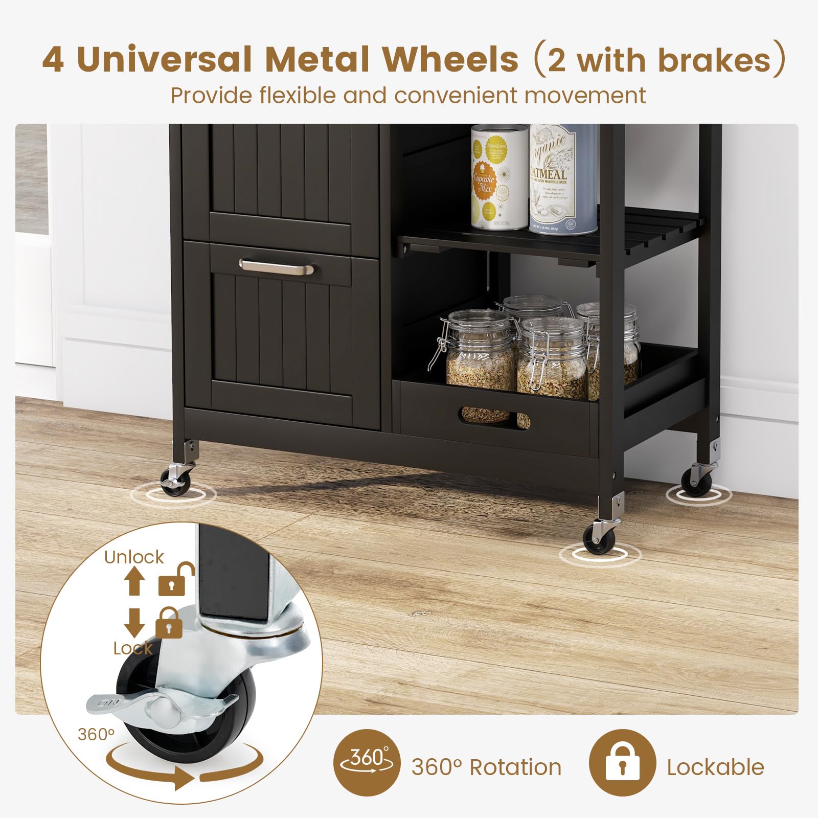 COSTWAY Kitchen Cart with Wheels, 3 Drawers & Shelves for Dining, Living Room & Bedroom Storage