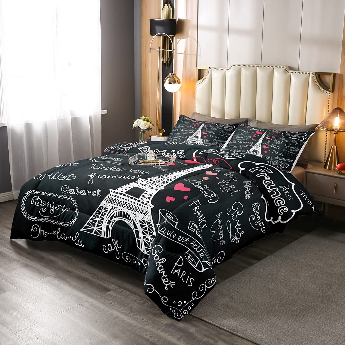 Erosebridal Eiffel Tower Comforter Set - Twin Size French Style Bedding with White & Black Parisian Print | Soft Lightweight Down Alternative Duvet Cover & Pillowcase | Perfect for Kids' Rooms, Dorm Decor & Paris-Themed Bedrooms