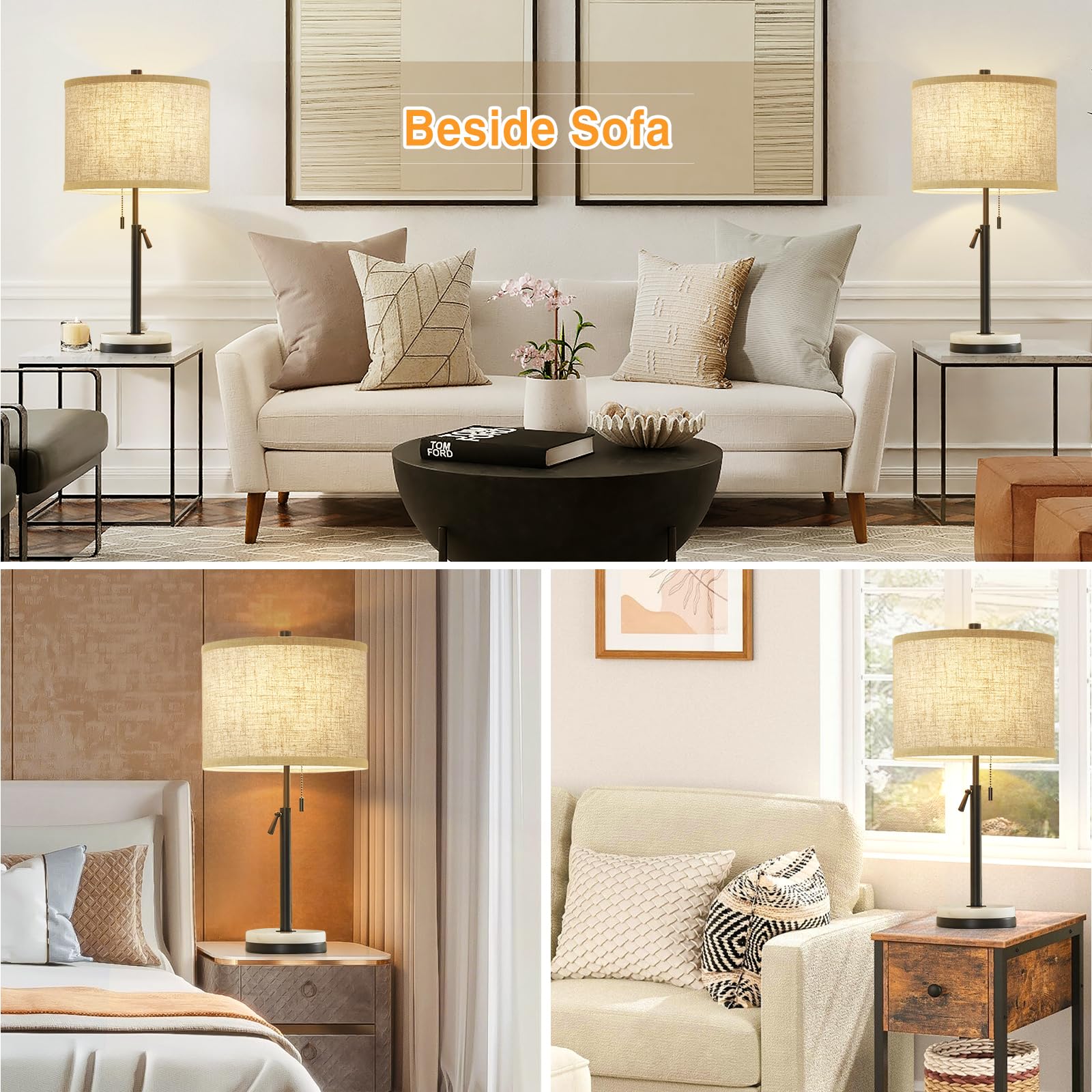 GyroVu Adjustable Height Table Lamps Set of 2 - Modern Marble Nightstand Lamps with Pull Chain for Bedroom, Living Room & Office - Black (Bulbs Not Included) | Perfect for Reading, Decor & Ambient Lighting