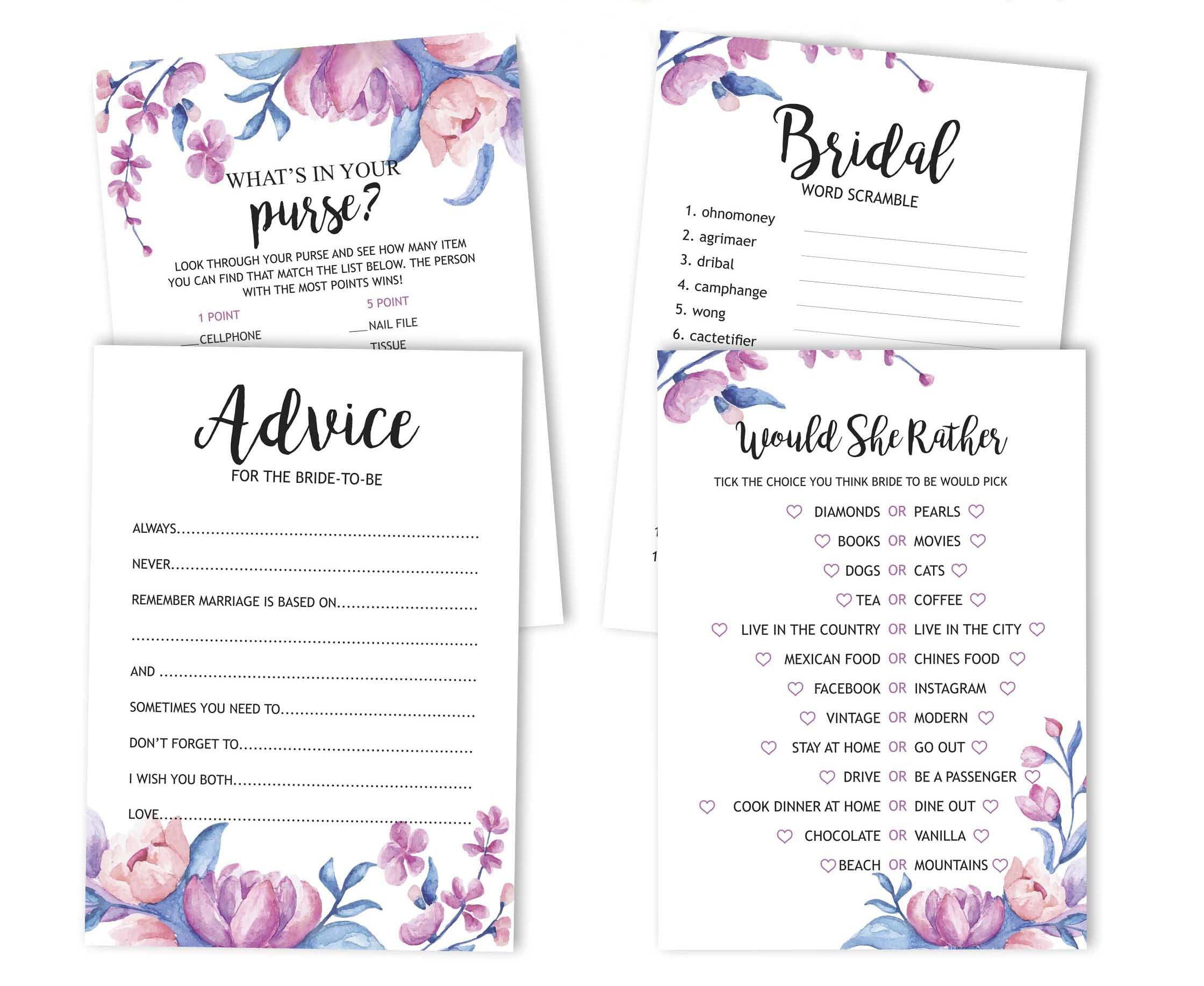 Floral Bridal Shower Games Set - 4 Fun Bachelorette Party Games (50 Sheets Each) for Wedding Celebrations & Girls' Night Out
