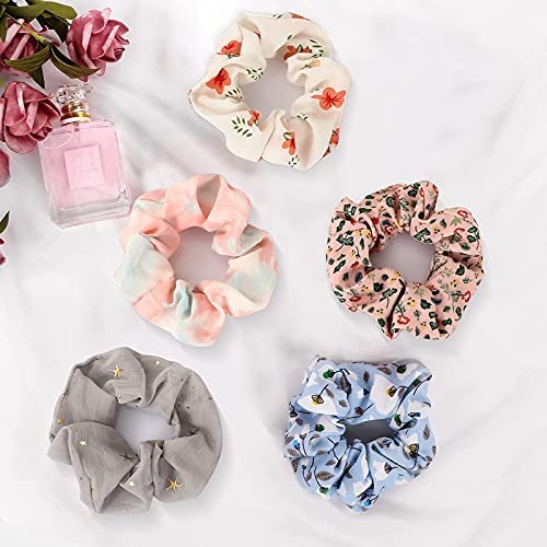 12 Pcs Chiffon Hair Scrunchies with Floral Design - Soft Ponytail Holders & Hair Ties for Women & Girls - Perfect for School, Work, Parties & Everyday Use