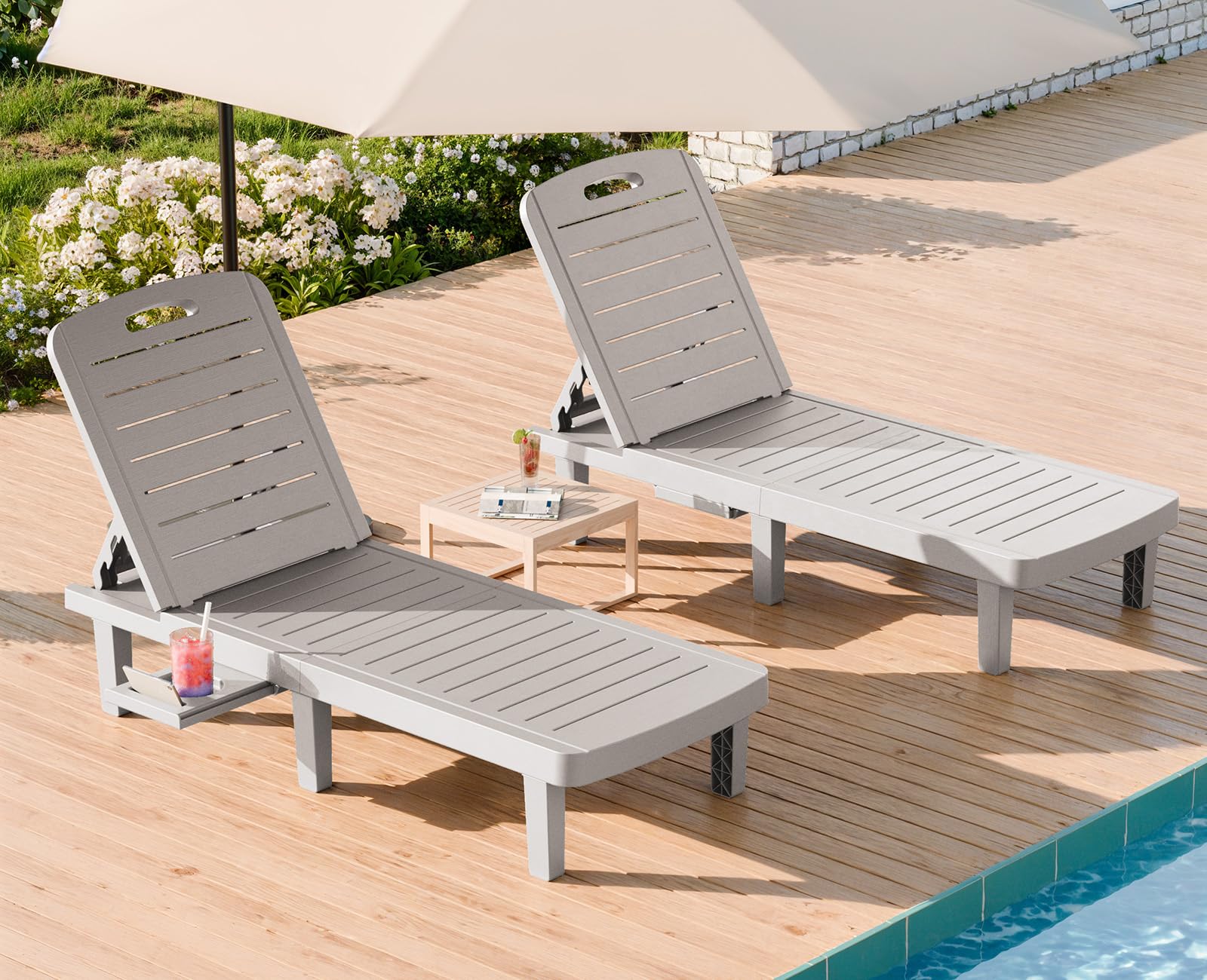 4-Pack Oversized Outdoor Chaise Lounge Chairs - 5-Level Adjustable Backrest, Waterproof Resin w/ Cup Holder - Perfect for Poolside, Beach, Patio & Backyard Relaxation (Gray)