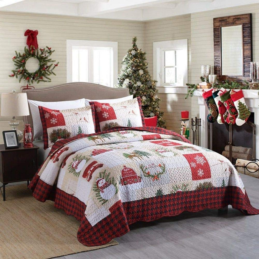 3 Piece Winter Christmas Quilt Set Queen Size - Snowman Snowflake Deer Tree Wreath Design Reversible Buffalo Plaid Checkered Patchwork Bedding (White/Red) - Cozy Holiday Home Decor for Bedroom & Living Room