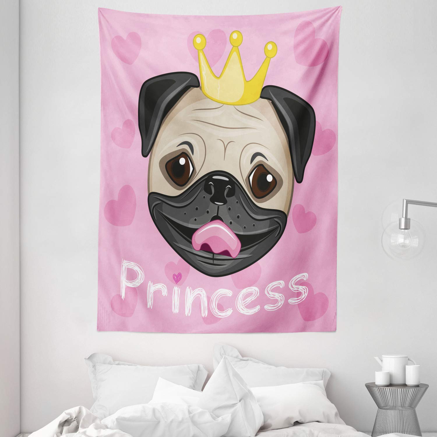 Ambesonne Feminine Tapestry - Happy Smiling Cartoon Pug Dog with Tiara & Pink Hearts Wall Art Decor | 60x80 Inch Yellow Black Pink Wall Hanging for Bedroom, Living Room, Dorm | Perfect for Boho Chic, Teen Girl Room & Pet Lover Gift