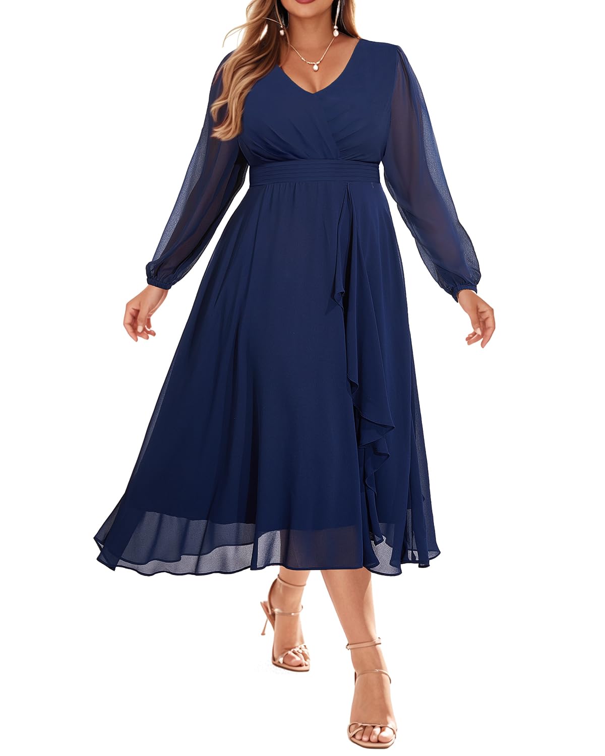 2025 Plus Size Formal Wedding Guest Dresses - Elegant Long Sleeve Chiffon Midi Dress for Fall | Perfect for Bridal Showers, Cocktail Parties & Special Occasions