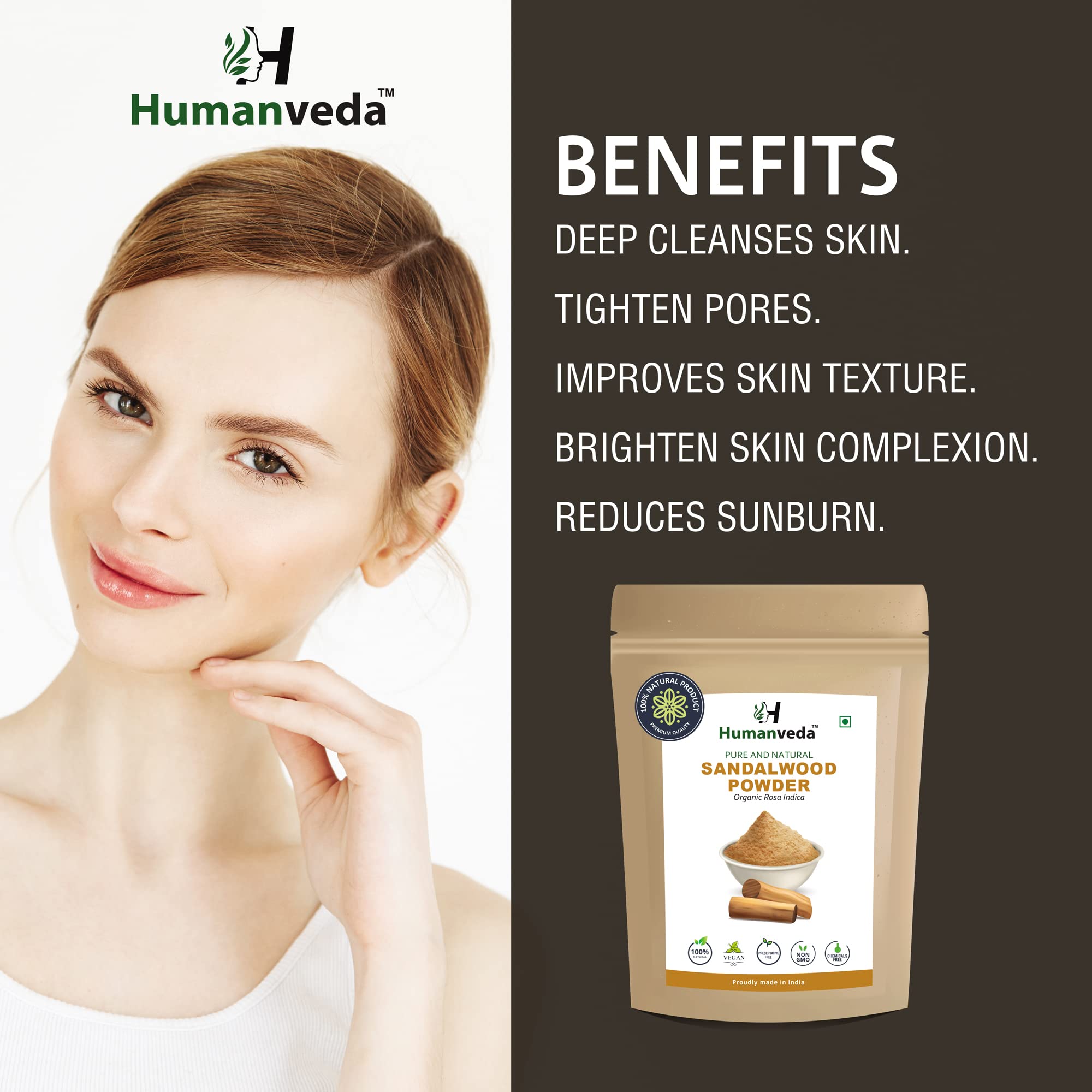Humanveda Natural Herbal Sandalwood Powder (Chandan Powder) 100g - 2 Pack for Skin Whitening, Facial Care, Face Mask & Glowing Skin | Ayurvedic Beauty Treatment for Acne, Dark Spots & Skin Brightening | Perfect for DIY Spa, Skincare Routine & Holistic Beauty Regimen