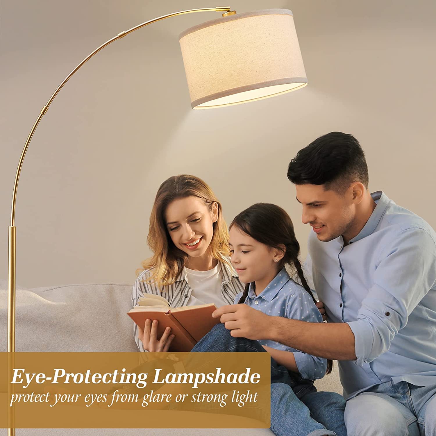 Modern Gold Arc Floor Lamp for Living Room - Adjustable Hanging Drum Shade with Tall Pole & Foot Switch - Over Couch Arched Reading Light for Bedroom, Office, Study - LED Bulb Not Included - Perfect for Cozy Reading Nooks & Contemporary Home Decor
