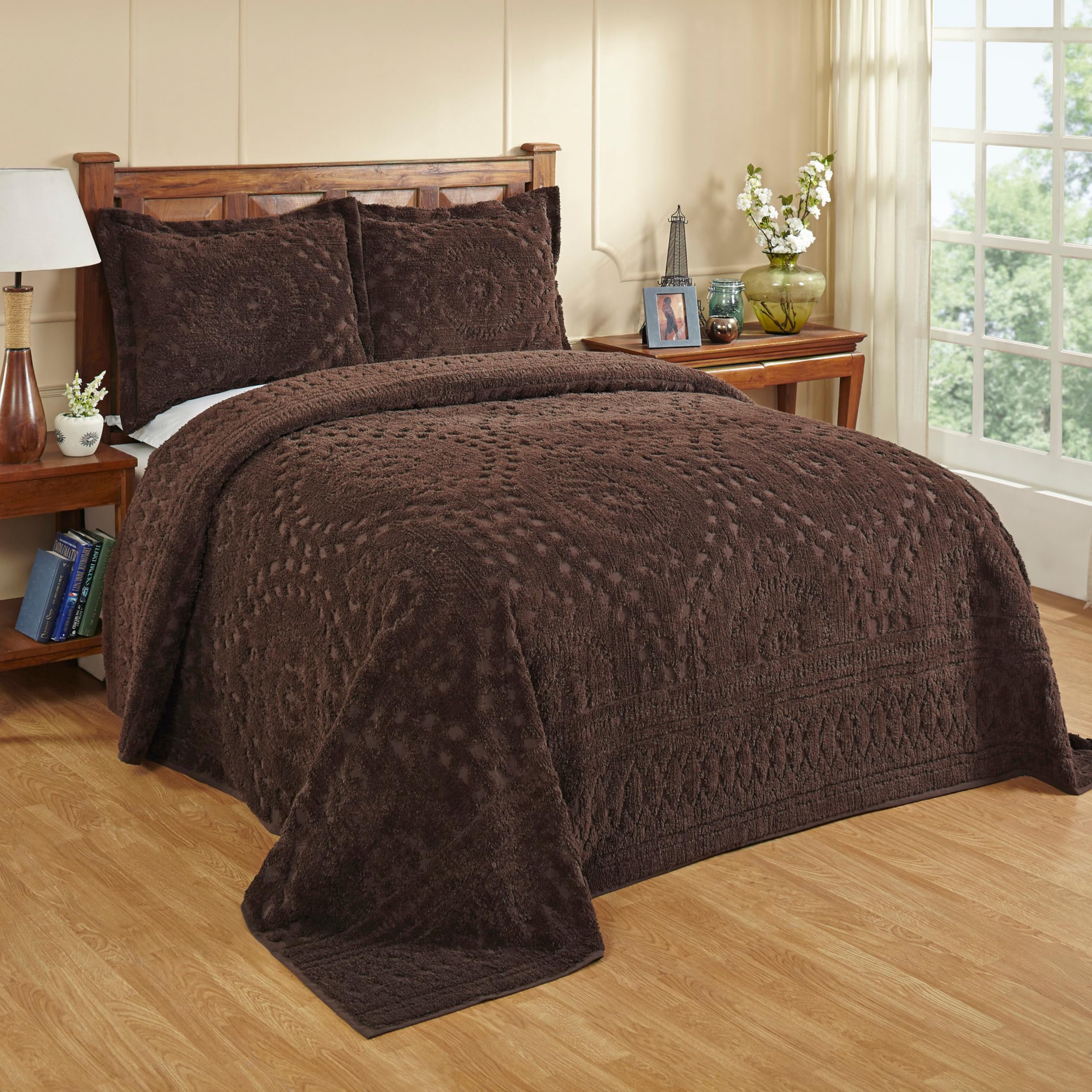Better Trends Chenille Bedspread Set 3 Pieces - 100% Cotton Full/Double Size Chocolate Brown Medallion Pattern Bedding with 2 Standard Shams | Luxurious Soft Feel, All-Season Comfort, Machine Washable | Perfect for Master Bedroom, Guest Room & Cozy Home Decor (Rio Collection)