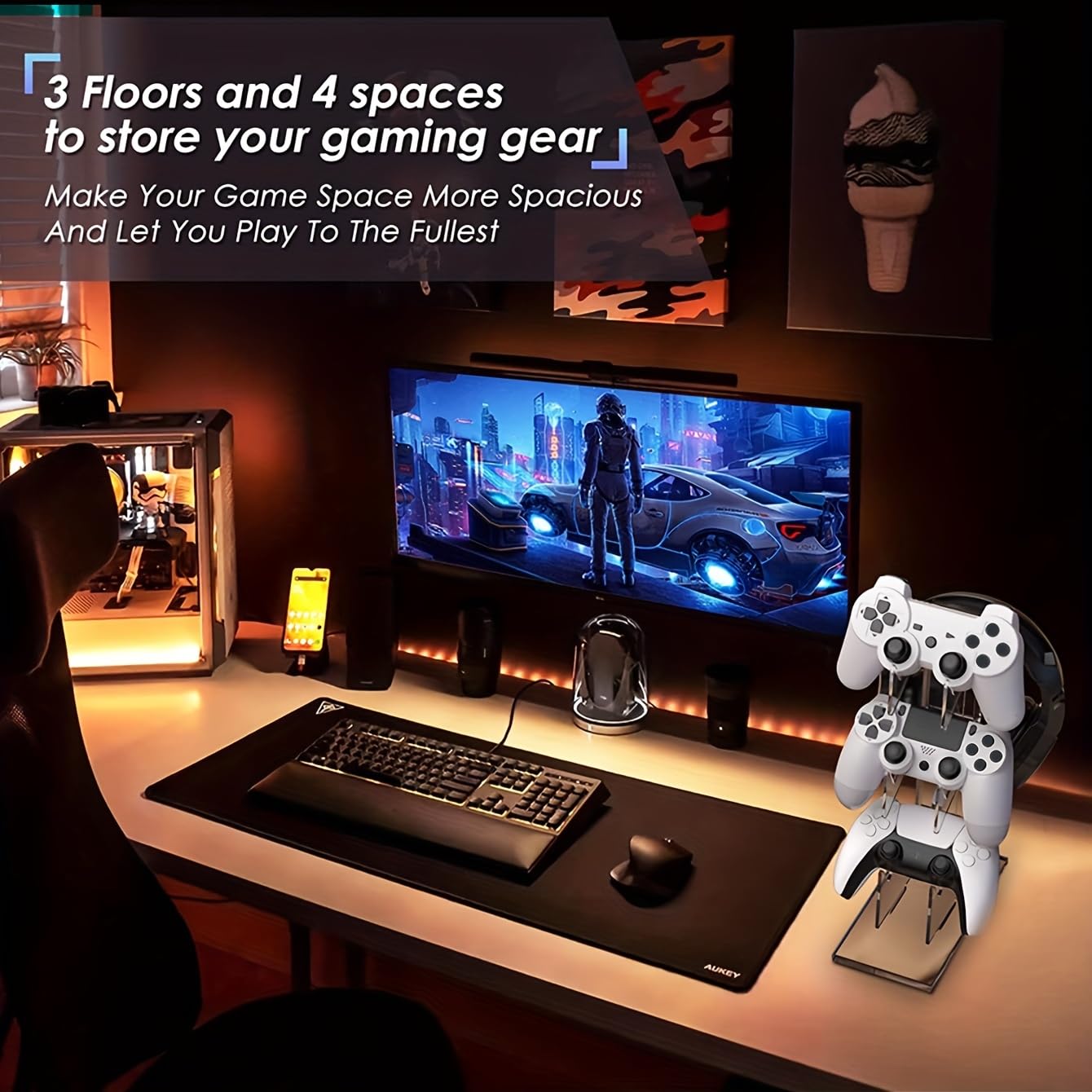 3-Tier Universal Controller Stand for Xbox Series X, One, 360, PS5, PS4, Switch & PC - White Gaming Headset & Gamepad Holder - Perfect for Organized Gaming Setup & Display