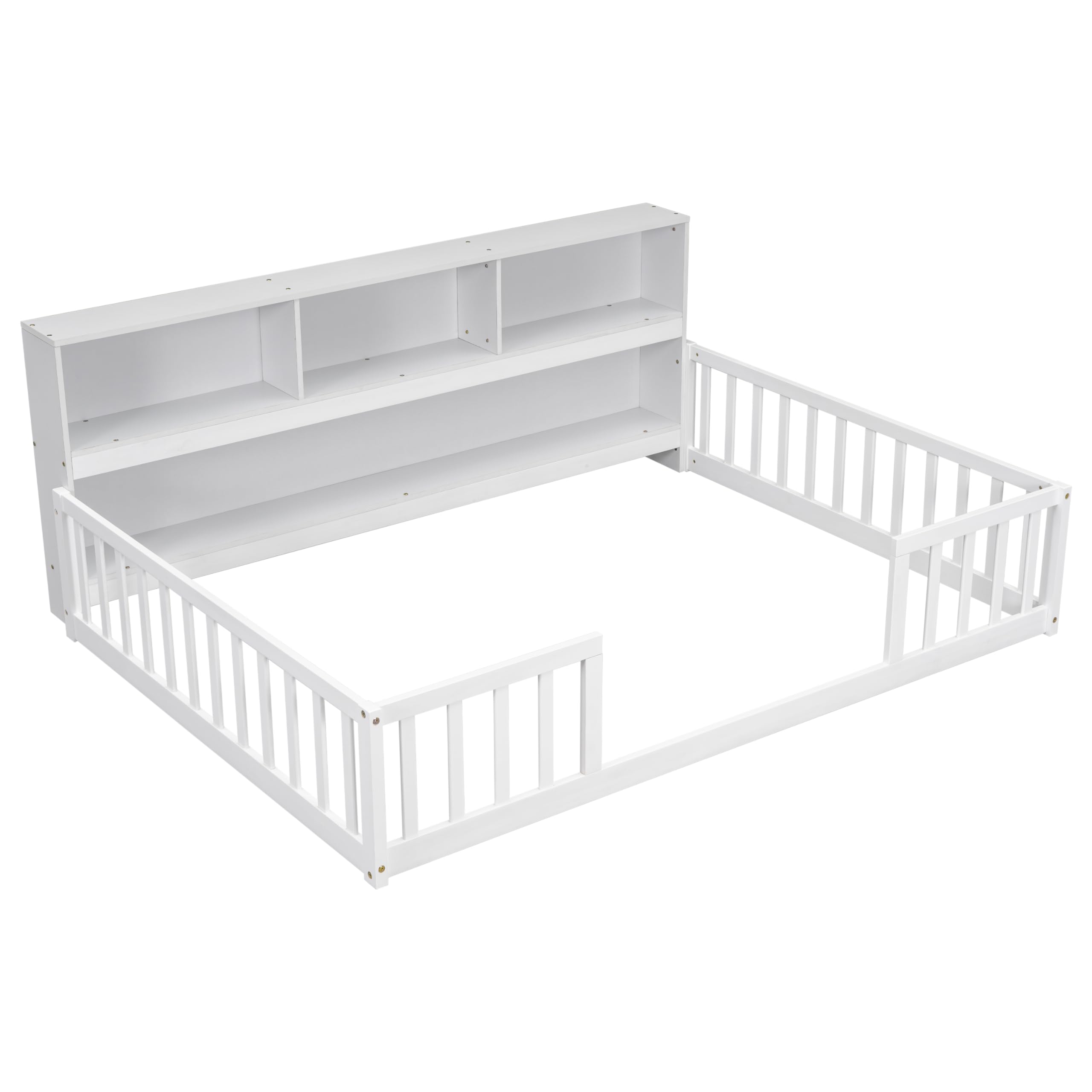 Full Size Floor Bed with Bedside Bookcase & Shelves - Multifunctional Wooden Platform Bed with Guardrails & Storage Headboard - Low Profile Kids & Teens Bed (White) - Perfect for Small Rooms, Dormitories & Cozy Bedrooms