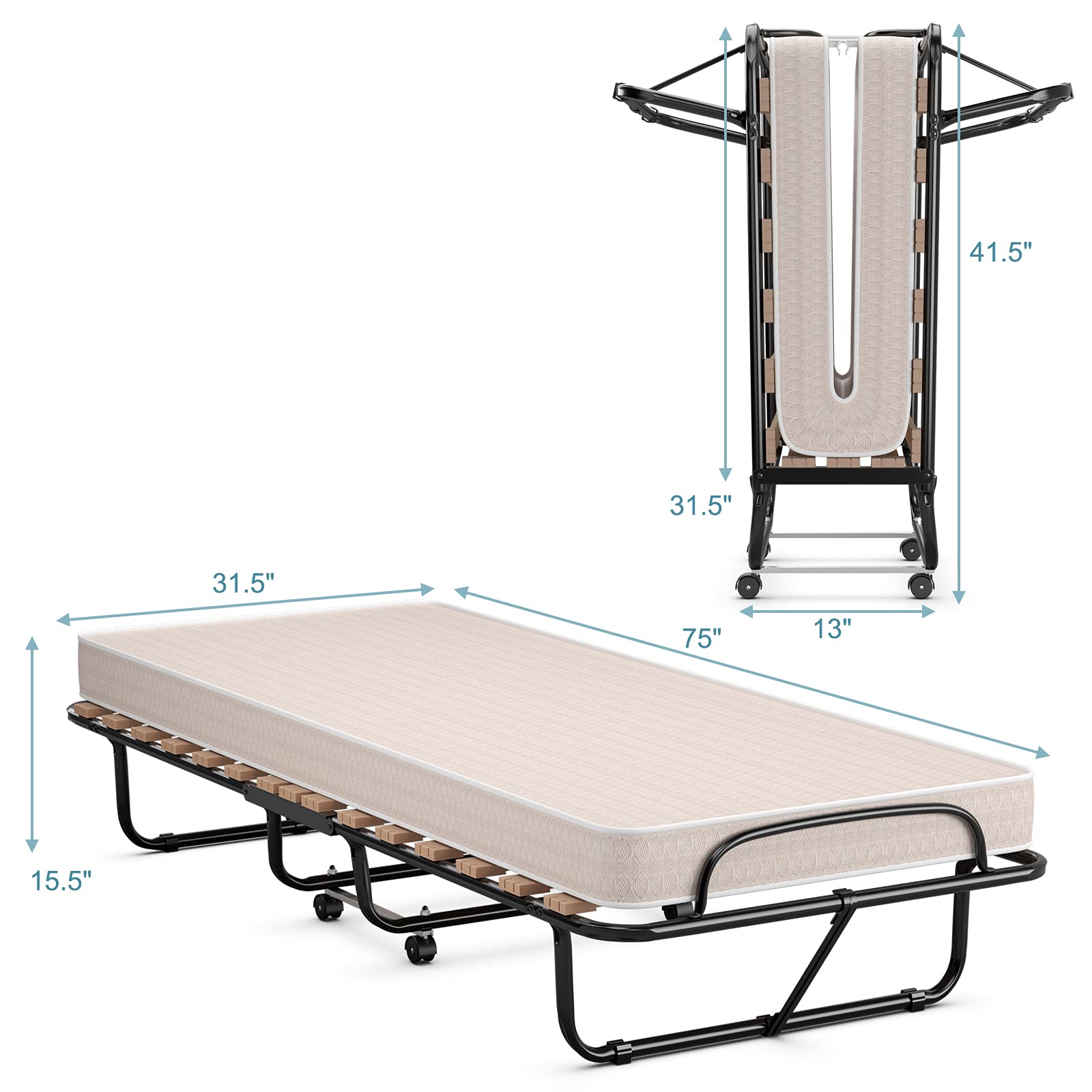 **Foldable Rollaway Bed with Memory Foam Mattress - Portable Guest Bed with Steel Frame & Casters for Adults - Home, Office, or Travel Use - Made in Italy**