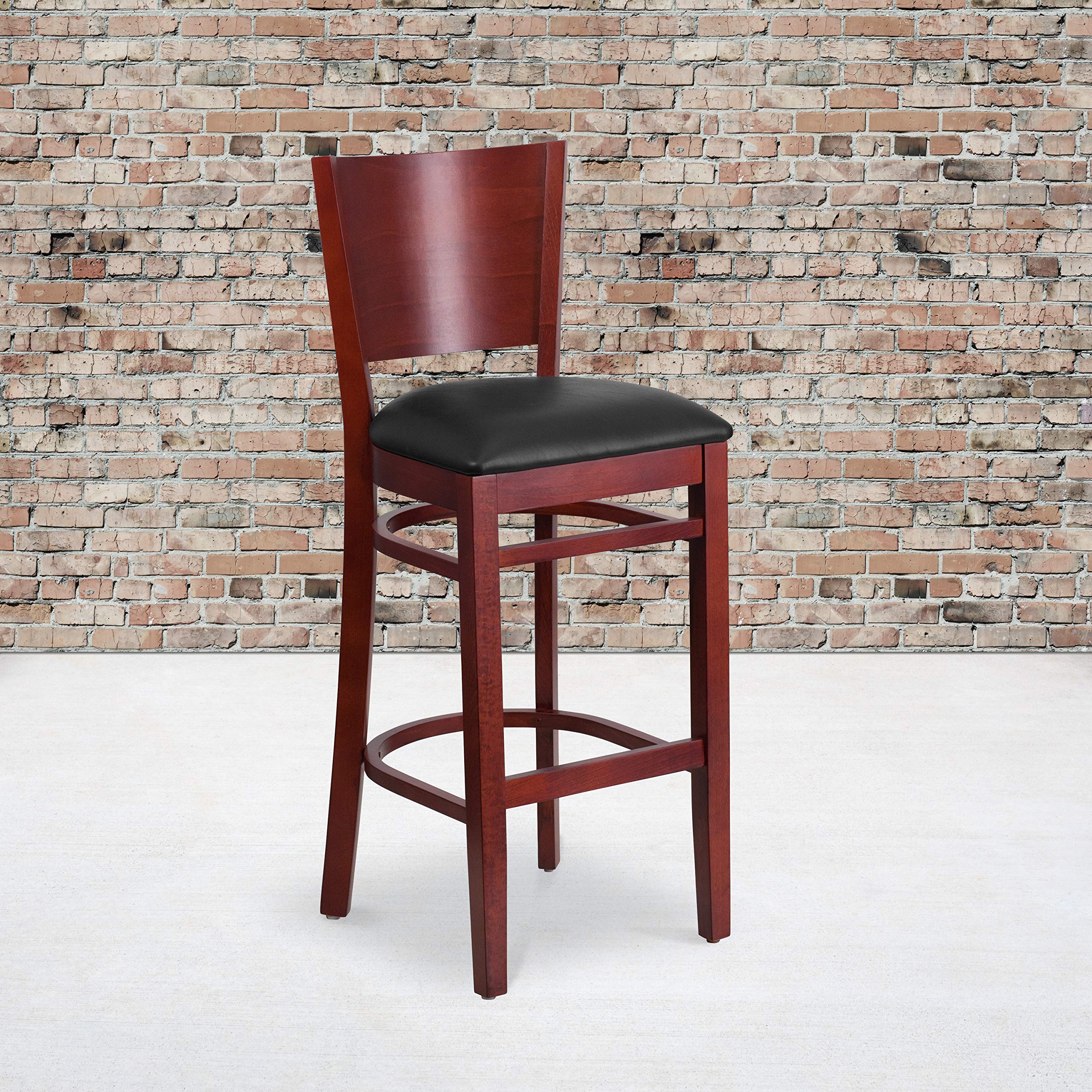 Solid Mahogany Wood Barstool with Black Vinyl Seat - Durable Bar Stool for Kitchen Island, Home Bar & Restaurant Use