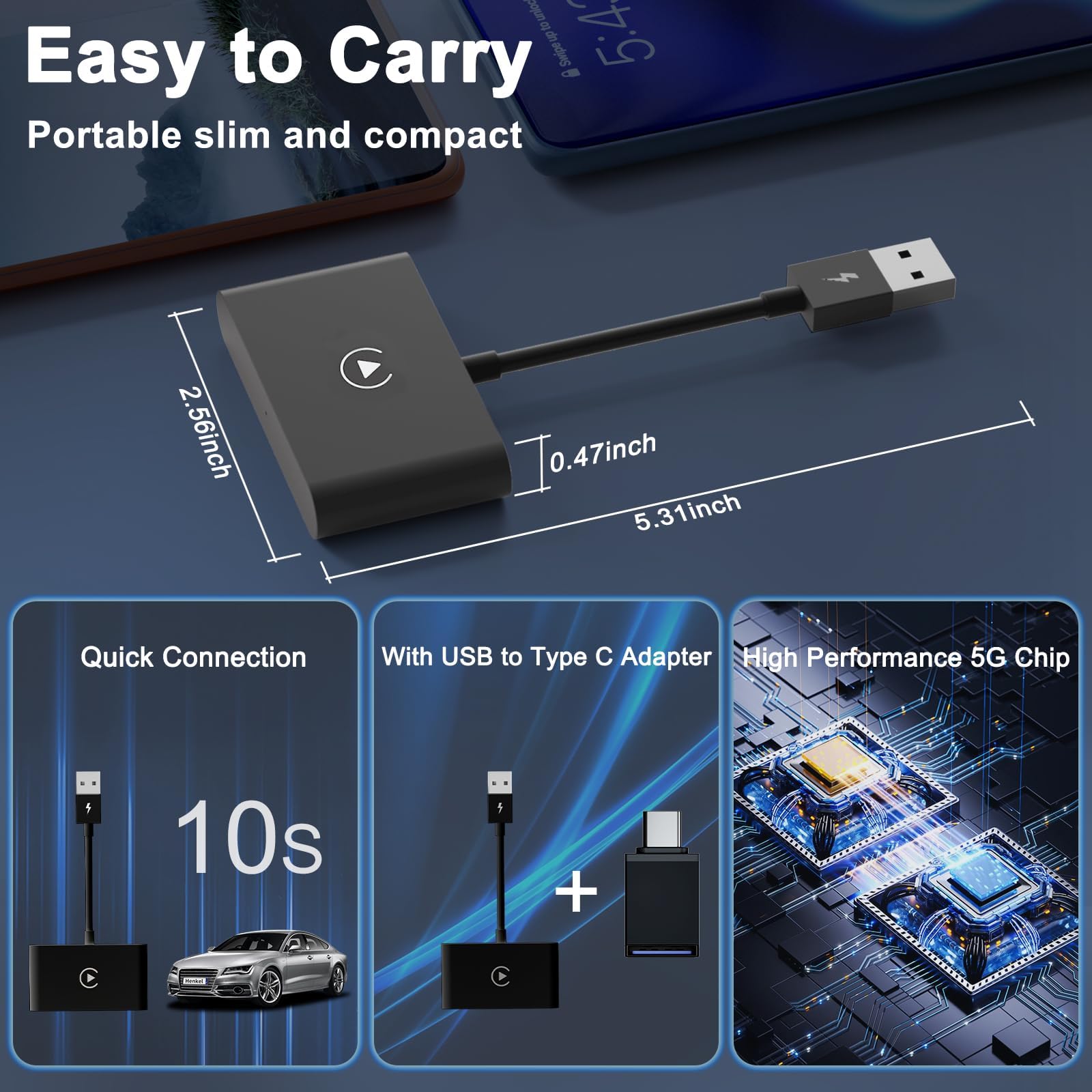 2024 Upgraded Wireless CarPlay Adapter - Convert Factory Wired CarPlay to Wireless for iPhone iOS 10+ & Cars Since 2015 | Seamless Music Streaming & Hands-Free Calling for Safer Driving