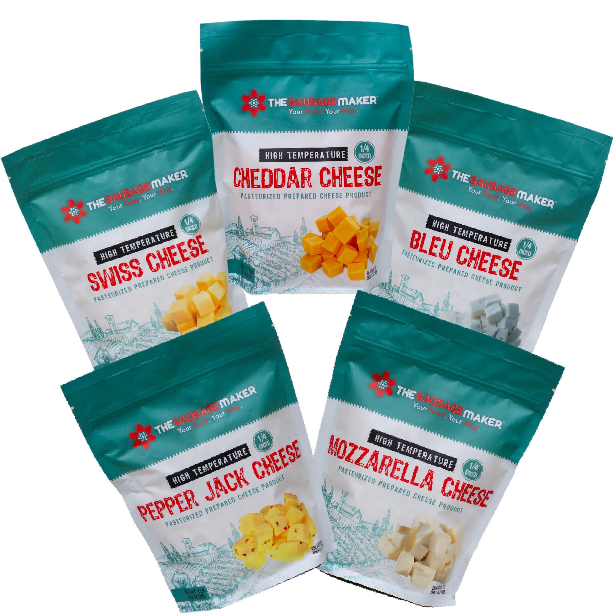High Temperature Cheese Assortment Pack - 5 x 1 Pound Packs - Perfect for Sausage Making, Pizza Toppings & Charcuterie Boards - The Sausage Maker