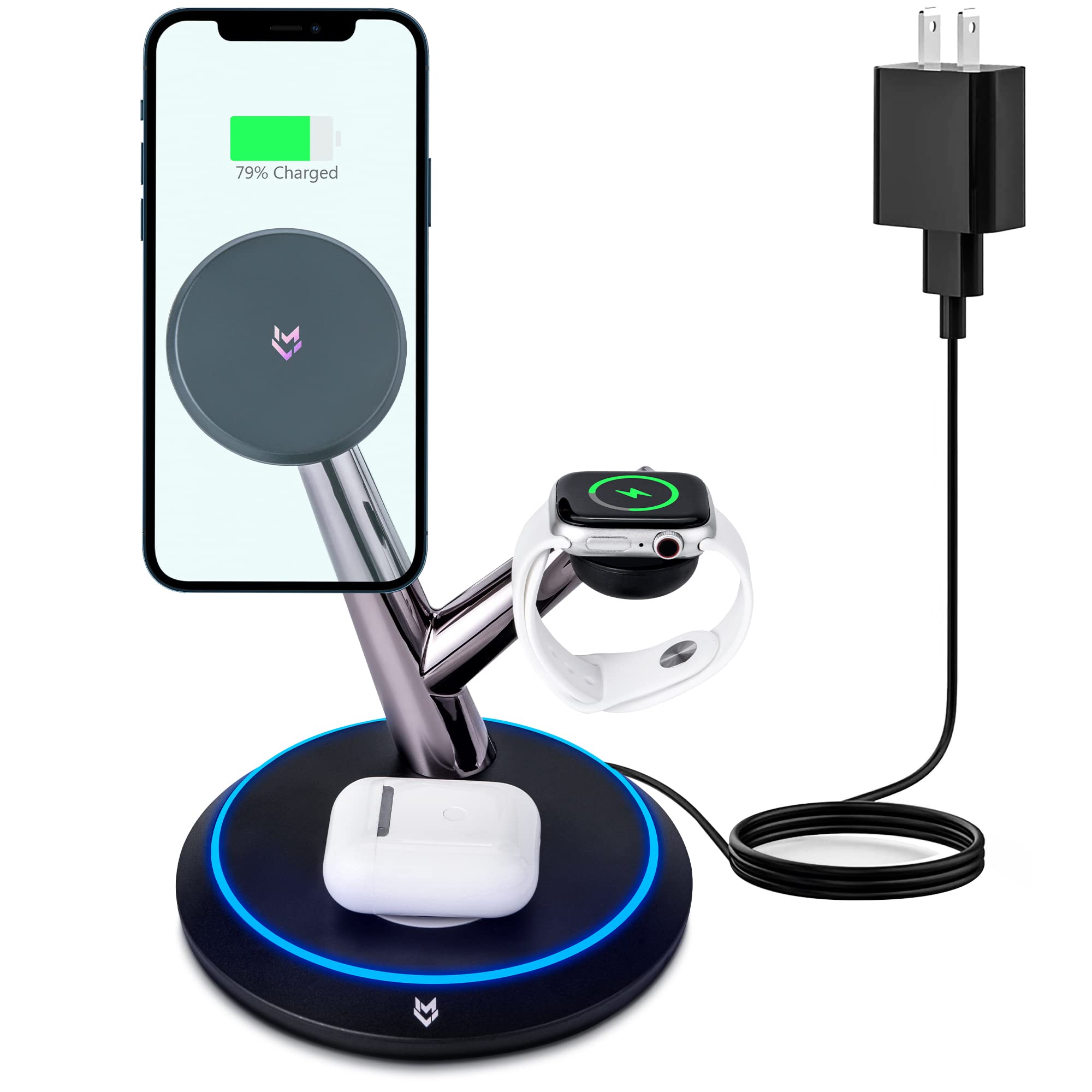 4-in-1 Wireless Charging Station for Apple Watch 8/Ultra/7/SE & AirPods 2/3/Pro - 40W Fast Wireless Charger Stand Dock Compatible with iPhone 15/14/13/12 Pro Max/Mini & Qi-Certified Devices - Perfect for Home, Office, and Travel Use