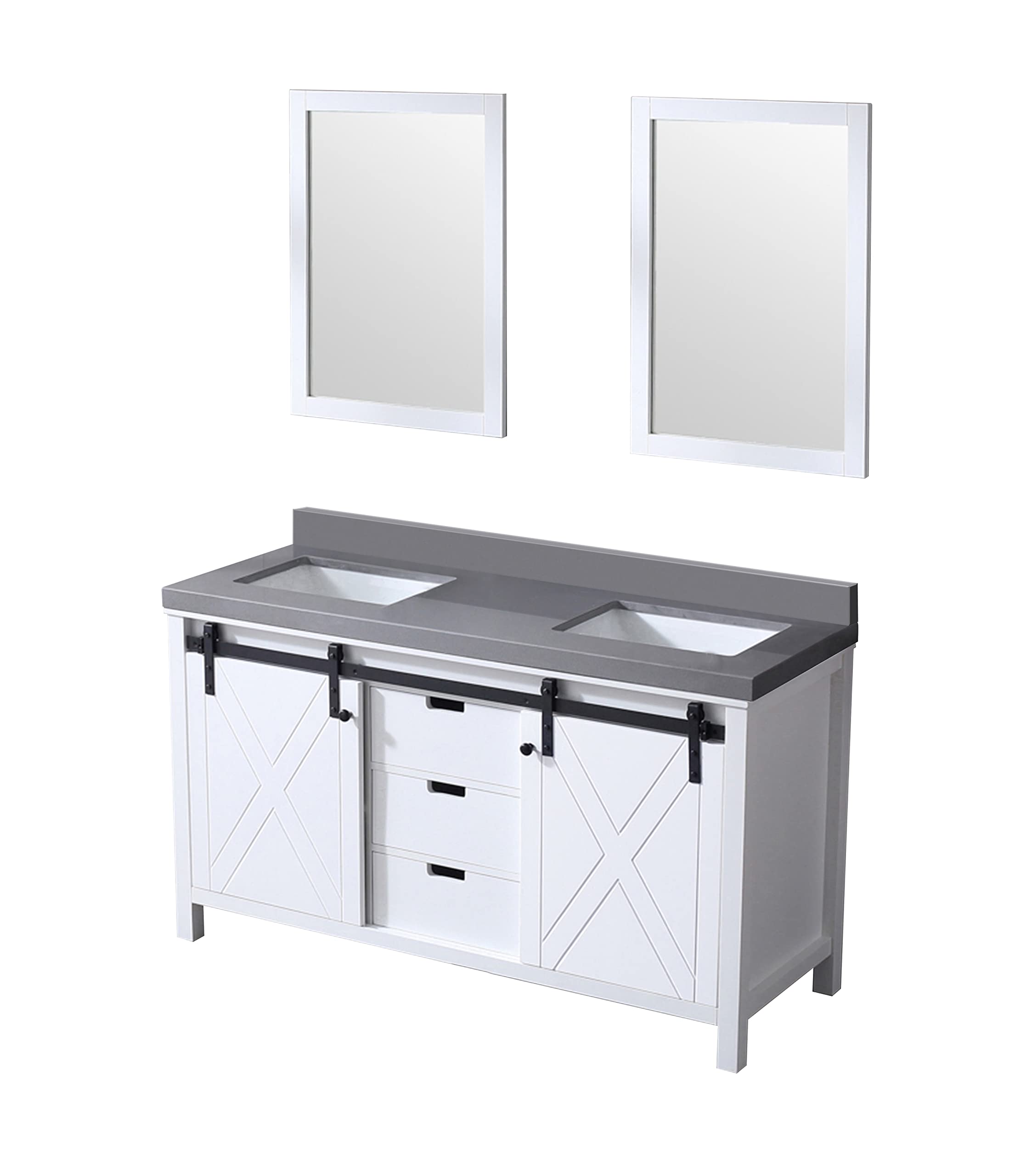 Ketchum 60-Inch White Double Bathroom Vanity with Grey Quartz Countertop & 24-Inch Mirrors - Modern Bathroom Furniture for Master Bath or Guest Bath Renovation