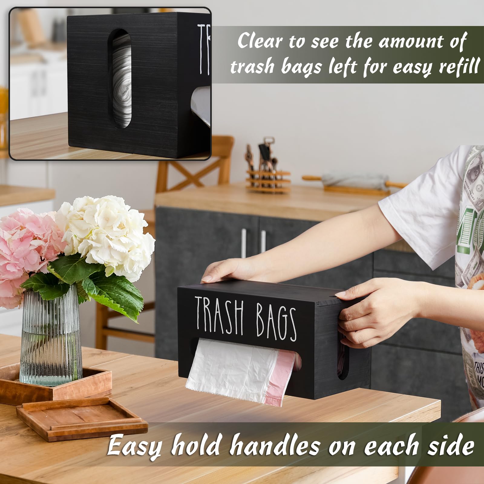 DRASTAR Wall Mount Trash Bag Dispenser - Wooden Garbage Bag Holder & Organizer for Plastic Bags - Kitchen Sink Storage Solution - Perfect for Home, Office, RV and Camping Use