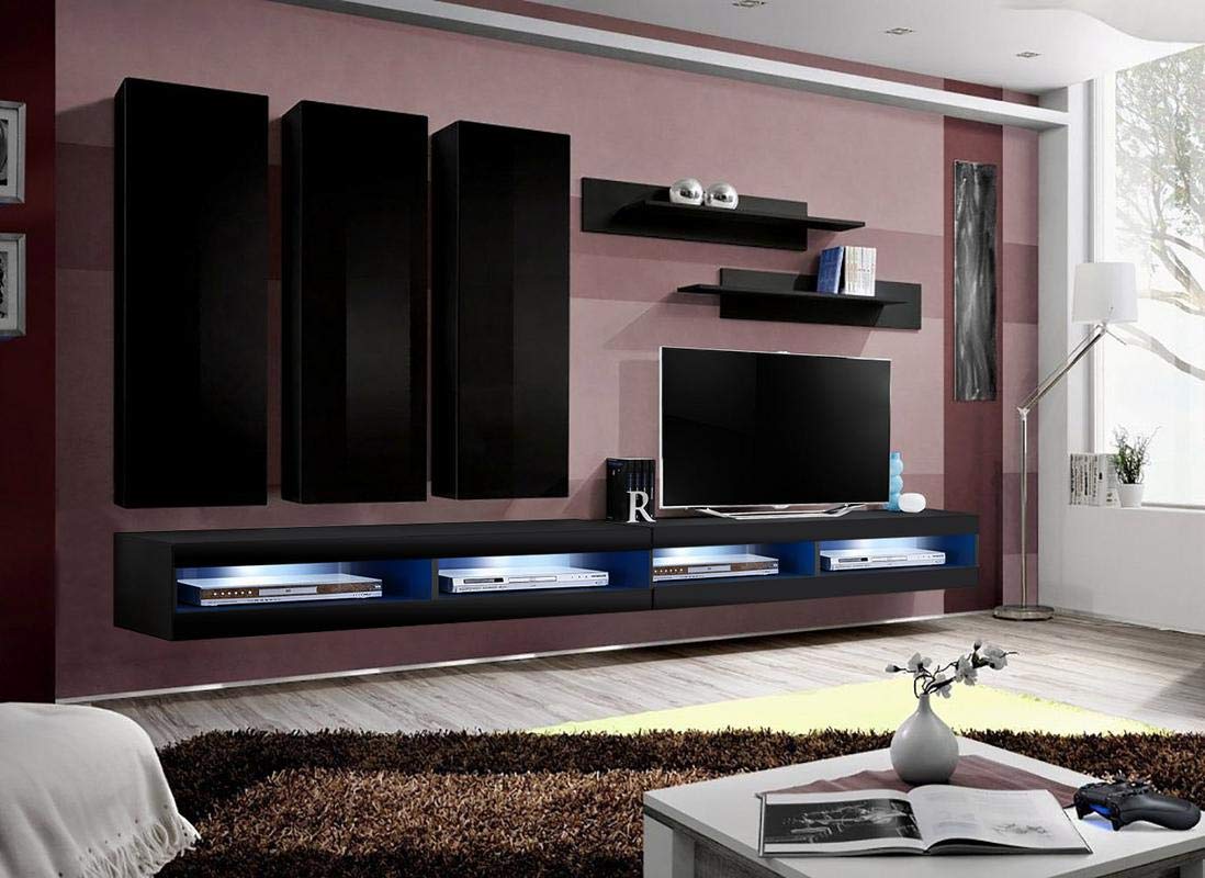 Modern Floating TV Stand with Storage & LED Lights - Wall-Mounted Entertainment Center for Living Room & Bedroom - E1 34TV Console with Shelves - Black - Perfect for Small Spaces & Home Theater Setup