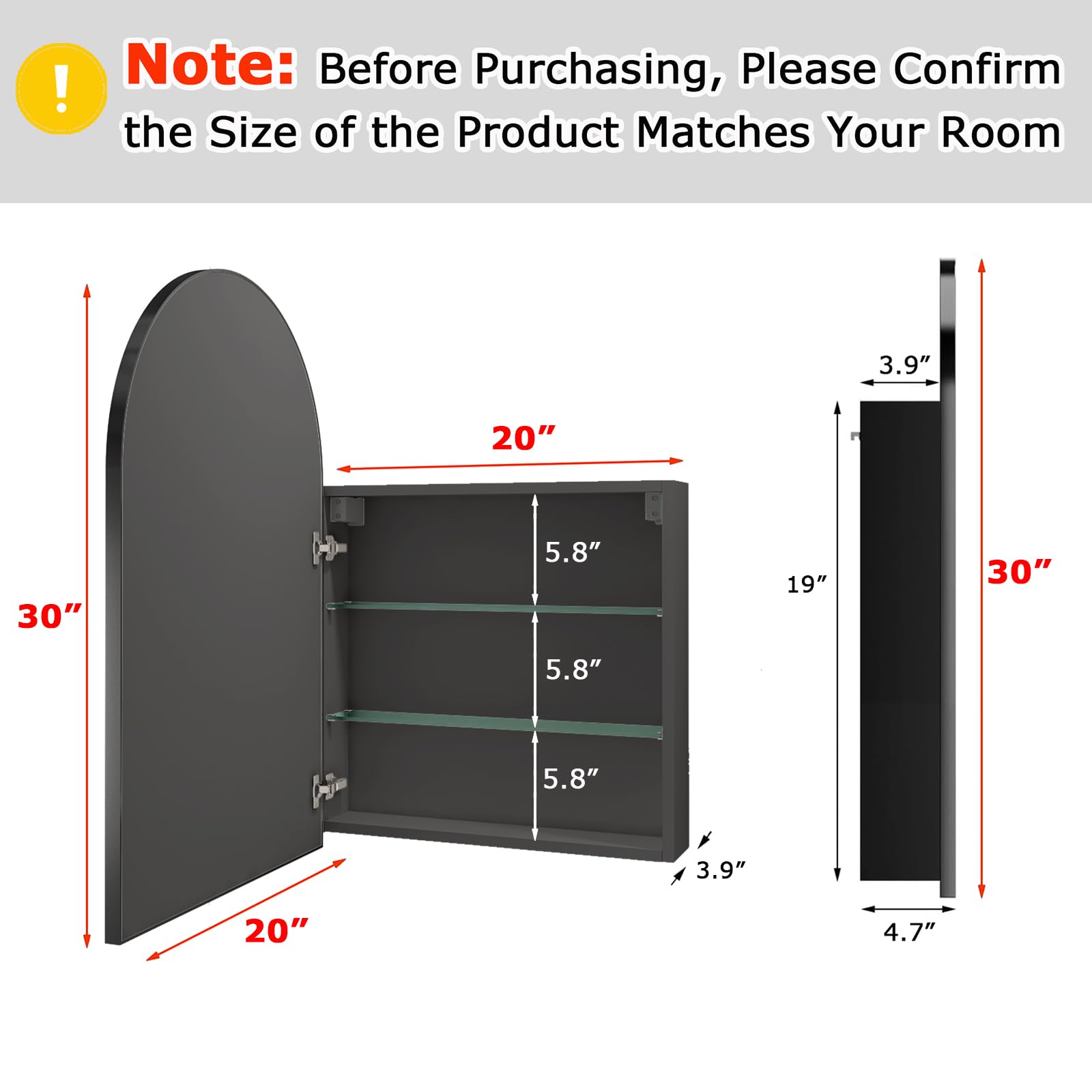 FKWin Arched Medicine Cabinet with Mirror - 20x30 Inch Bathroom Storage Mirror, Aluminum Alloy Vanity Mirror with 3 Adjustable Shelves, Surface Mounted (Not Recessed) Black - Perfect for Small Bathrooms, Powder Rooms & Apartment Living