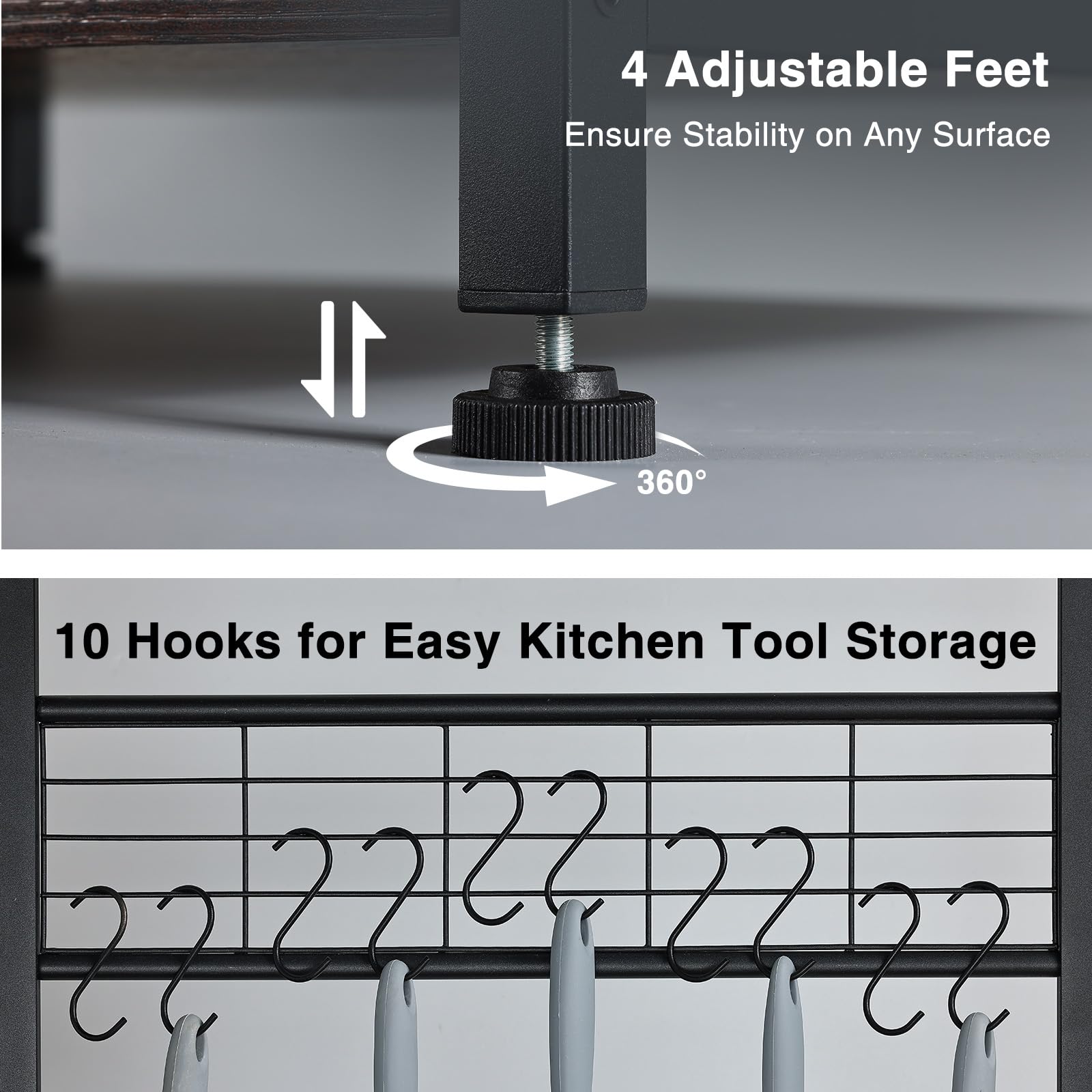 5-Tier Bakers Rack with Power Outlets - Microwave Stand with 10 S-Hooks, Coffee Bar & Kitchen Organizer with Wire Basket, 62.4