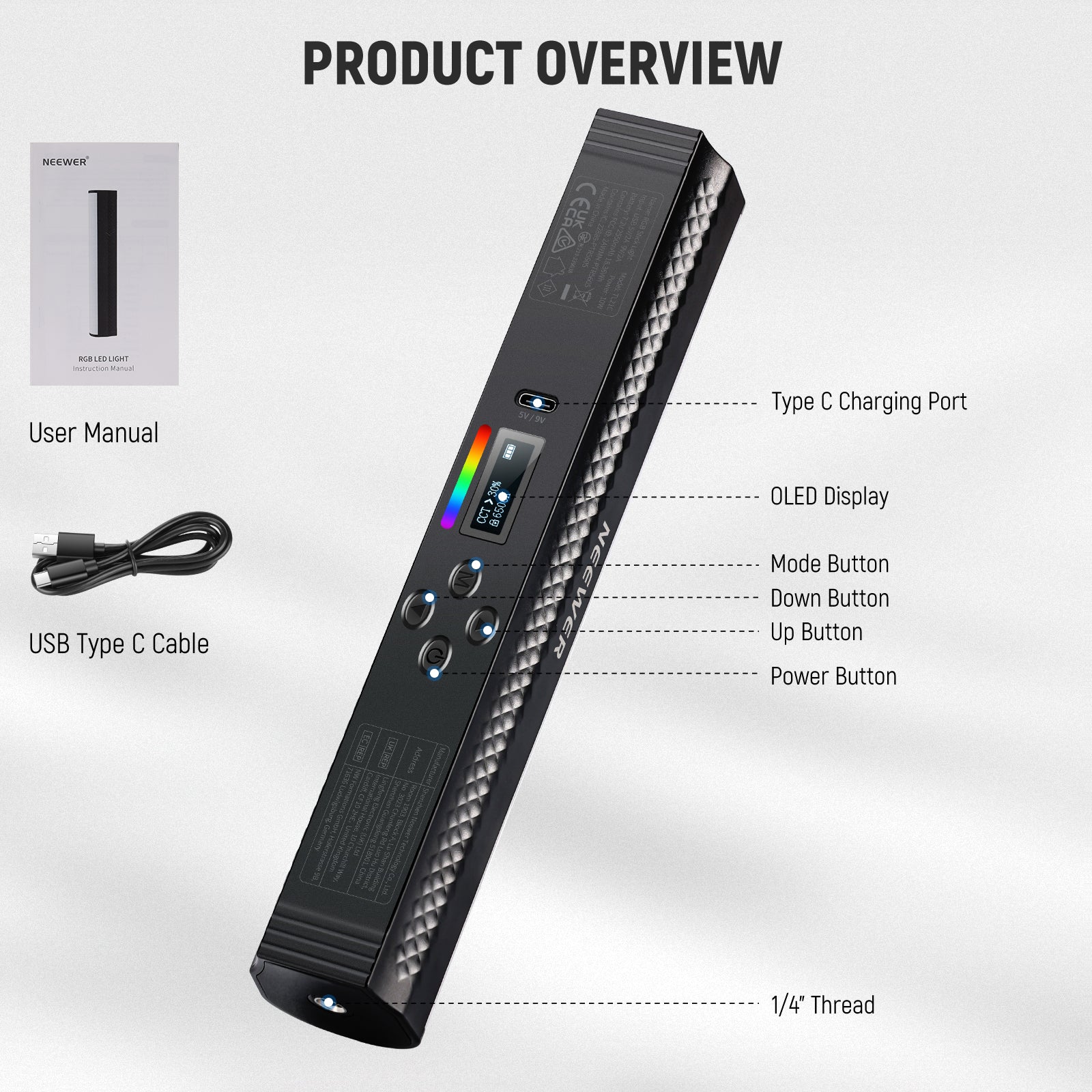 NEEWER TL21C RGB Magnetic LED Light Wand with APP Control - Adjustable Color & Brightness for Photography, Videography, and Content Creation