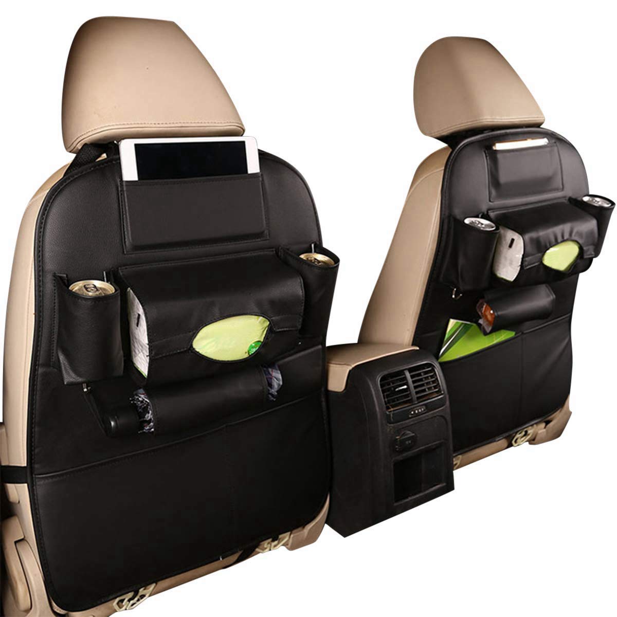 HCMAX 2 Pack Car Seat Back Organizer - PU Leather Storage Pocket with iPad Mini Holder, Cup Holders & Tissue Box - Backseat Protector & Kick Mat for Travel Accessories (Black) - Perfect for Road Trips, Family Vacations & Daily Commutes