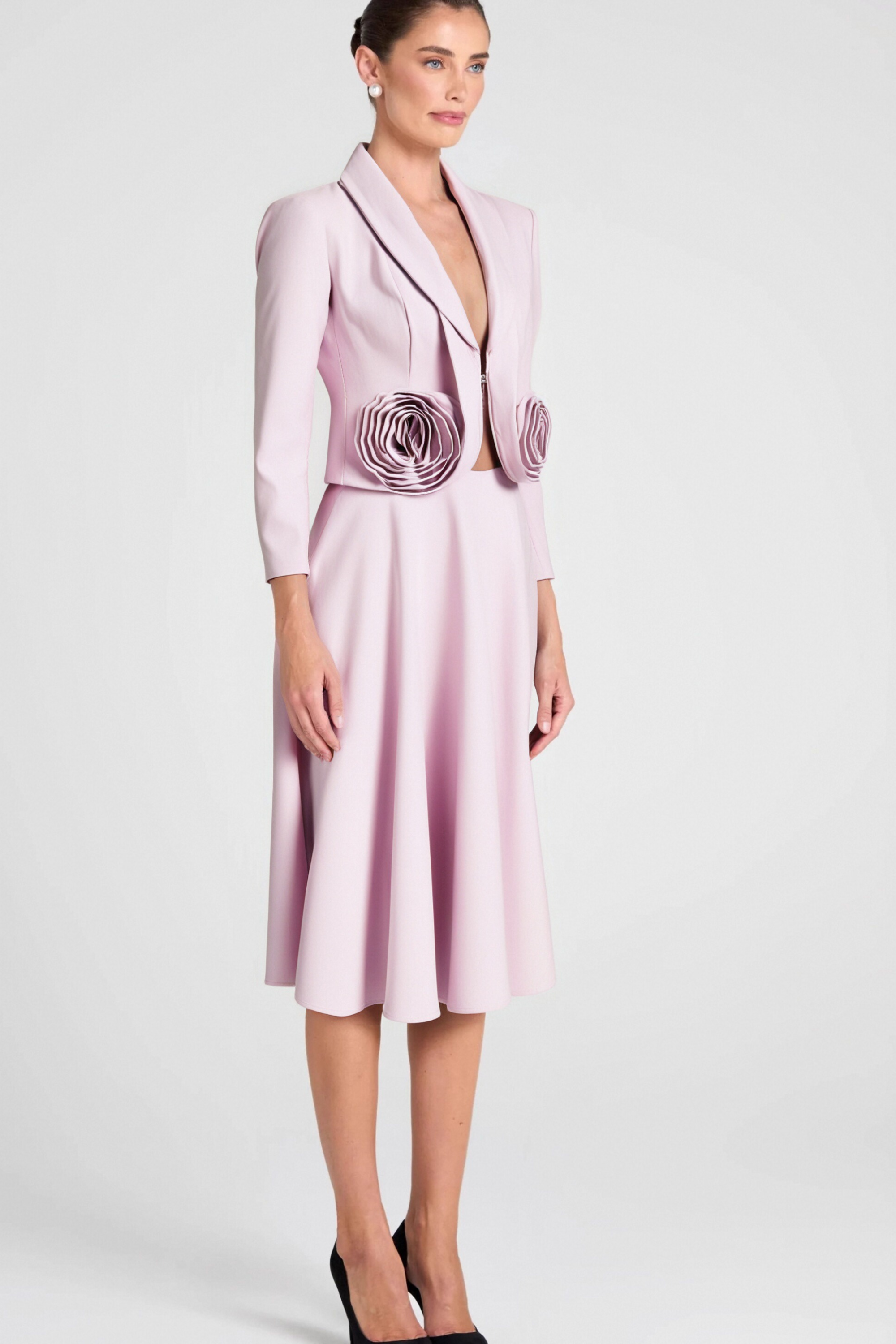 CAROL PINK 3D Floral Blazer & High Waist Midi Skirt Set for Women - Elegant Two Piece Outfit for Office, Wedding & Special Occasions