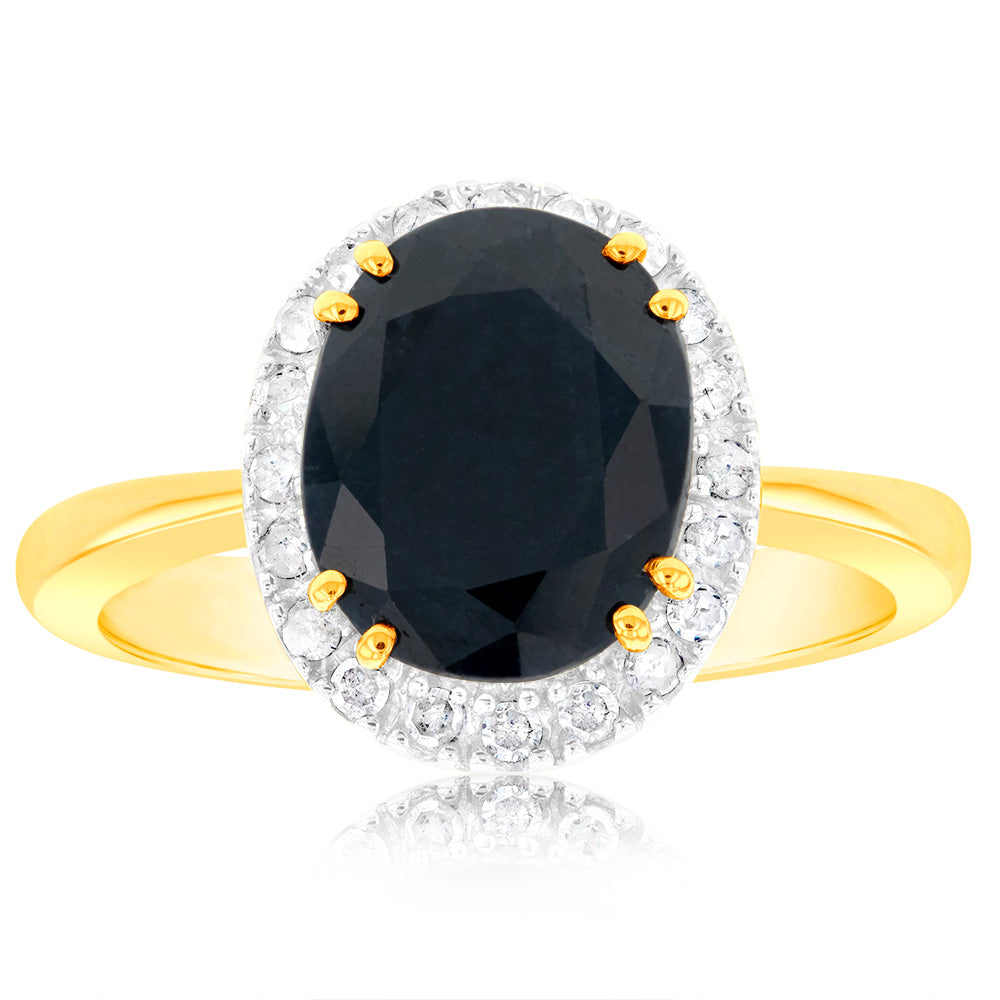9ct Yellow Gold 8X10mm Oval Cut Natural Sapphire and Diamond Ring for Women - Elegant Engagement, Wedding, Anniversary Gift - Perfect for Special Occasions and Everyday Luxury
