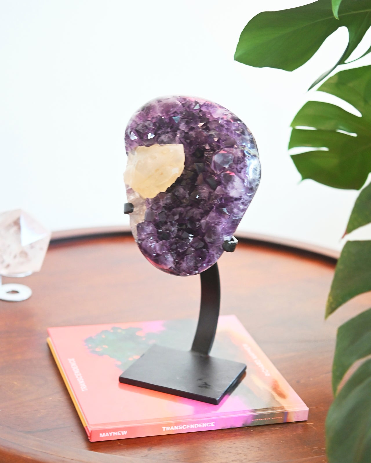 Natural Amethyst with Calcite Geode on Wooden Stand - 8.8 lbs Healing Crystal for Home Decor, Meditation & Spiritual Gifts | Perfect for Living Room, Office & Yoga Space
