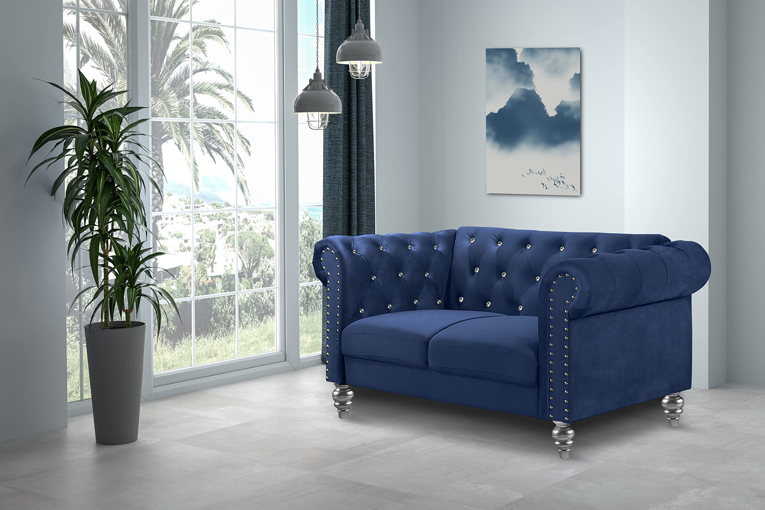 Glam Emma Velvet Chesterfield Loveseat - Royal Blue Tufted Two-Seater Sofa for Small Spaces | Classic Elegant Furniture with Crystal Buttons | Perfect for Living Room, Apartment & Office