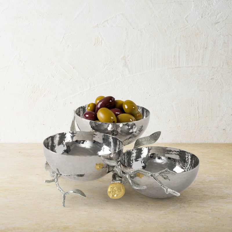 Premium Pomegranate Silver & Gold Triple Bowl Set - Elegant Fruit Serving Bowl for Parties, Weddings & Home Decor