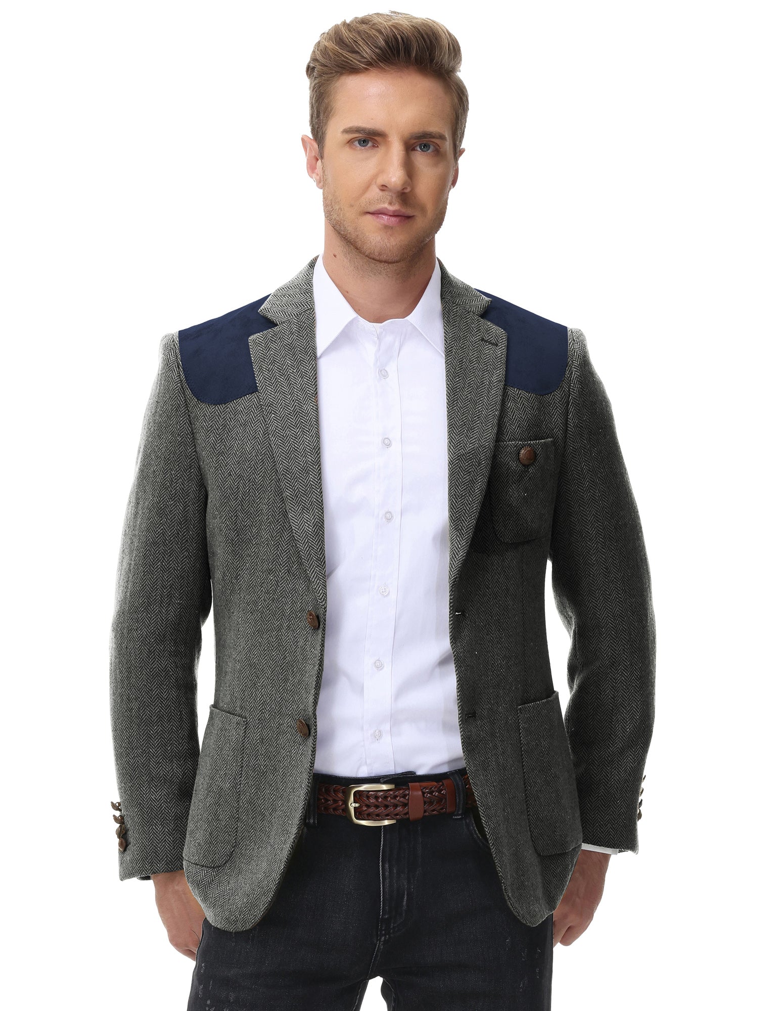 Men's British Wool Blend Suit - 2 Button Blazer Jacket with Patchwork Tweed Design | Formal & Business Attire for Office, Weddings & Special Occasions