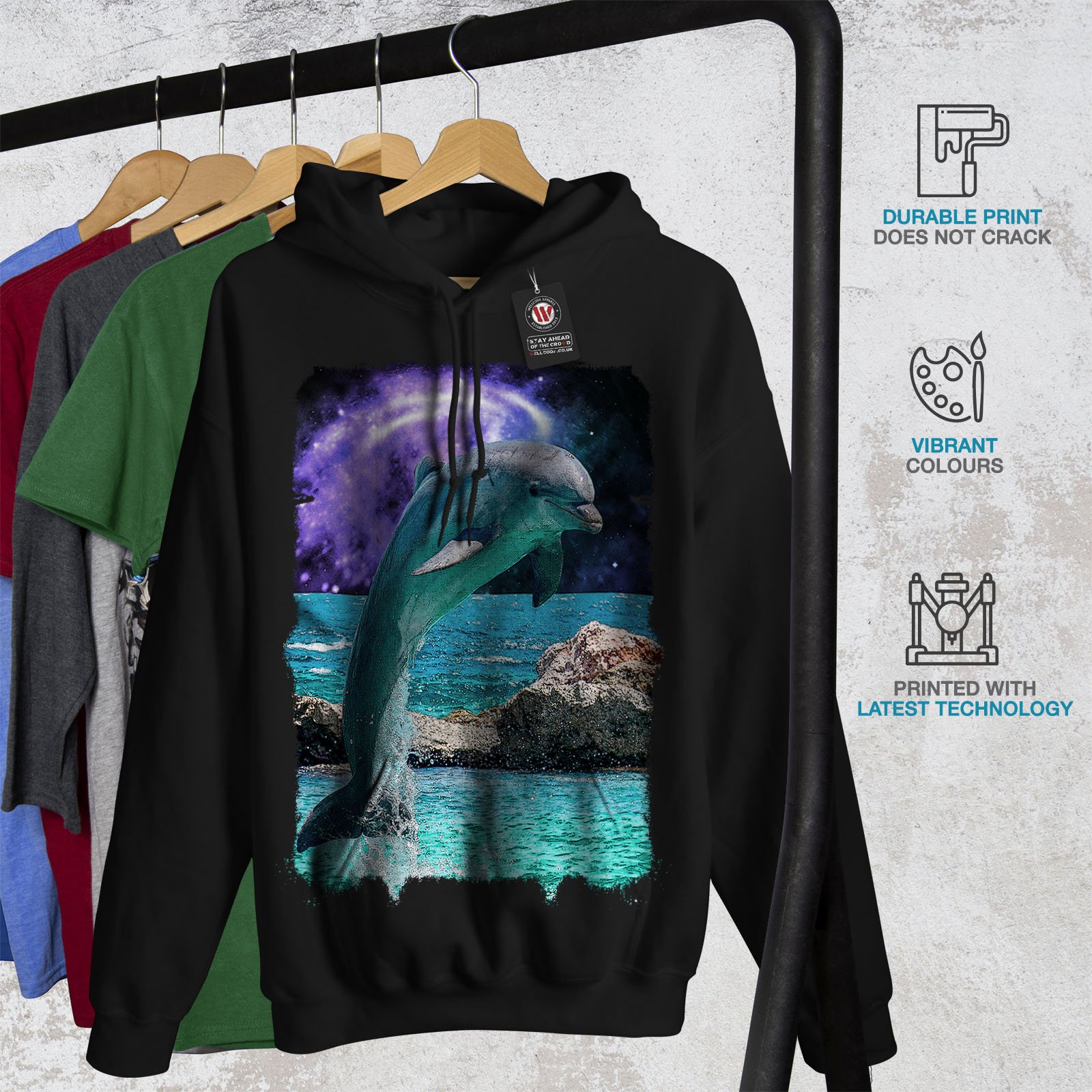 Wellcoda Men's Ocean Rock Dolphin Hoodie - Cosmic Print Pullover Sweatshirt for Casual Wear, Street Style & Outdoor Activities