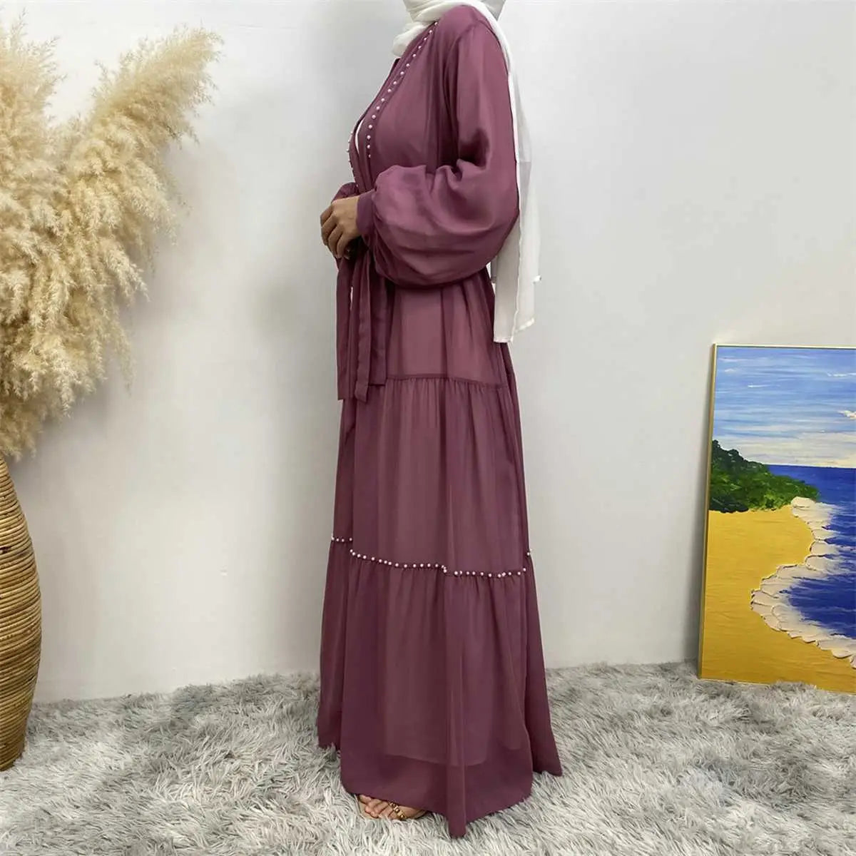 Elegant Muslim Women's Chiffon Beaded Open Abaya Dress - Modest Islamic Prayer Dress for Mosque, Eid & Special Occasions