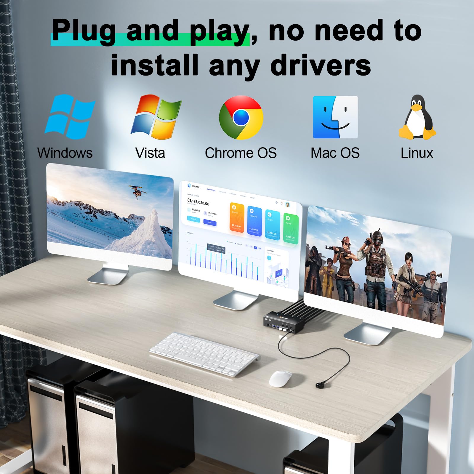 MLEEDA 3-in-1 KVM Switch for 3 Computers & 3 Monitors - 8K@60Hz 4K@144Hz HDMI+2 DisplayPort - Share 3 Monitors & 4 USB 3.0 Devices - Includes Wired Remote & 12V Power Adapter - Perfect for Multi-PC Workstations, Gaming Setups & Office Environments