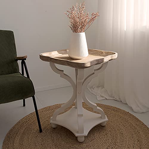 LONYKE Farmhouse End Table - Rustic Accent Side Table with Natural Tray Top, Handcrafted Finish, Modern White Nightstand for Living Room, Bedroom, or Dining Room - Perfect for Cozy Family Spaces