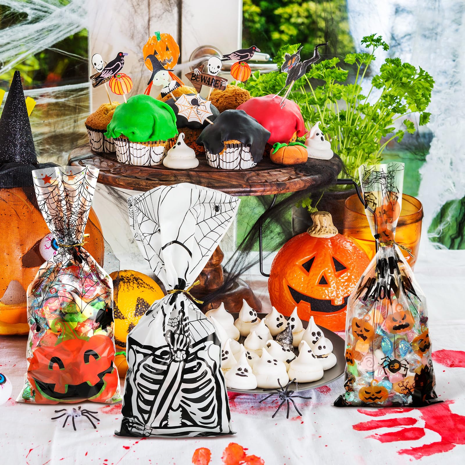 Zonon 180-Piece Halloween Cellophane Treat Bags Set - Transparent Candy Wrappers with 200 Ties for Pumpkin Skull Bat Party Favors | Perfect for Halloween Trick-or-Treating, Classroom Treats & Party Gift Bags