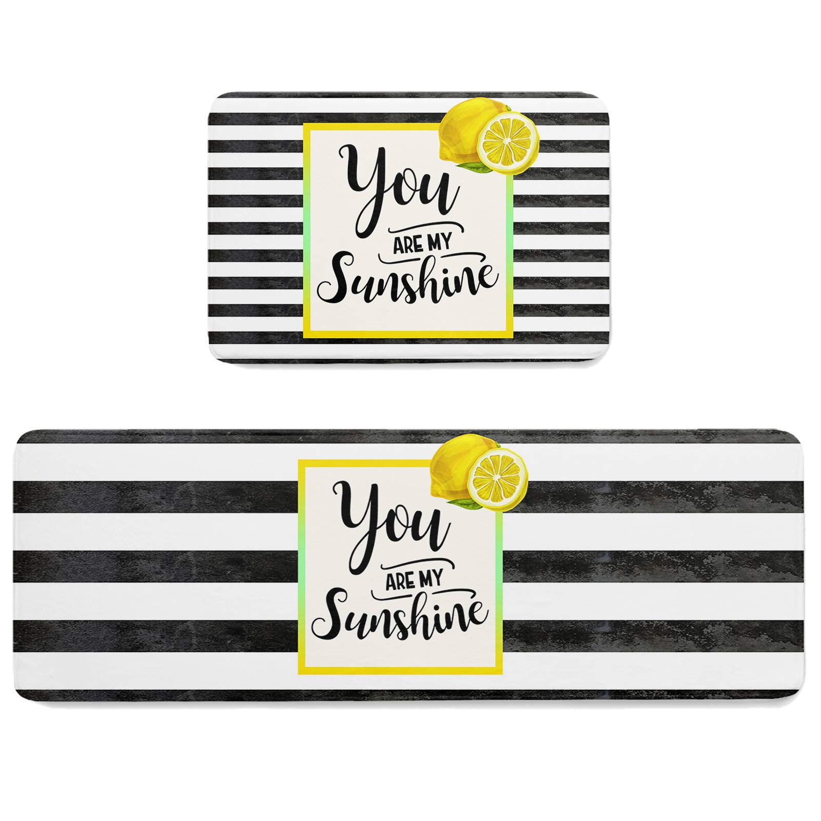 Non-Slip Washable Kitchen Rugs and Mats - Black & White Zebra Striped with Summer Lemon Design - 23.5