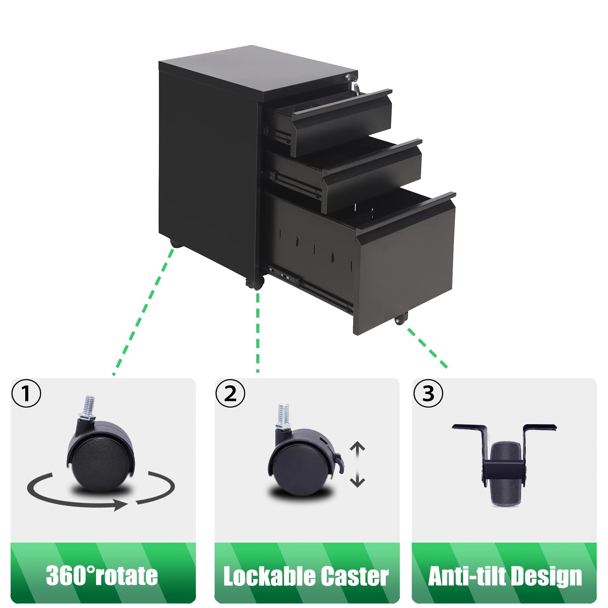 Lockable 3-Drawer Rolling File Cabinet - Black Mobile Pedestal Storage for Office, Under Desk Organizer (Letter/Legal/A4 Size) - Fully Assembled Except Casters - Perfect for Home Office, School, and Workspace Organization