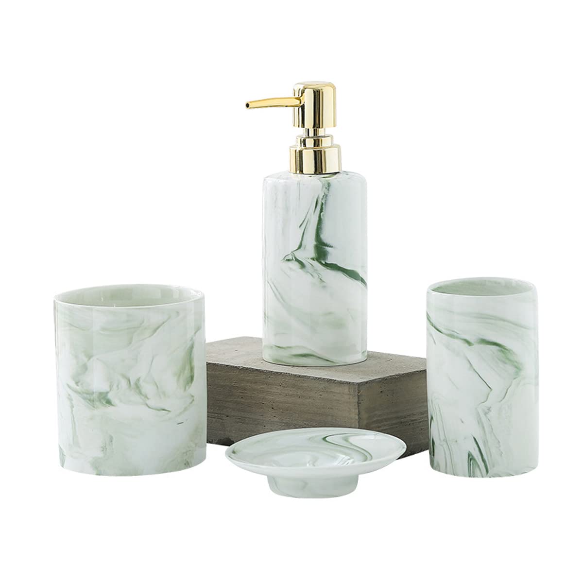 Marble Bathroom Set - Ceramic Soap Dish, Lotion Cup & Brush Holder for Vanity Sink (Green/Gray) | Home Decor
