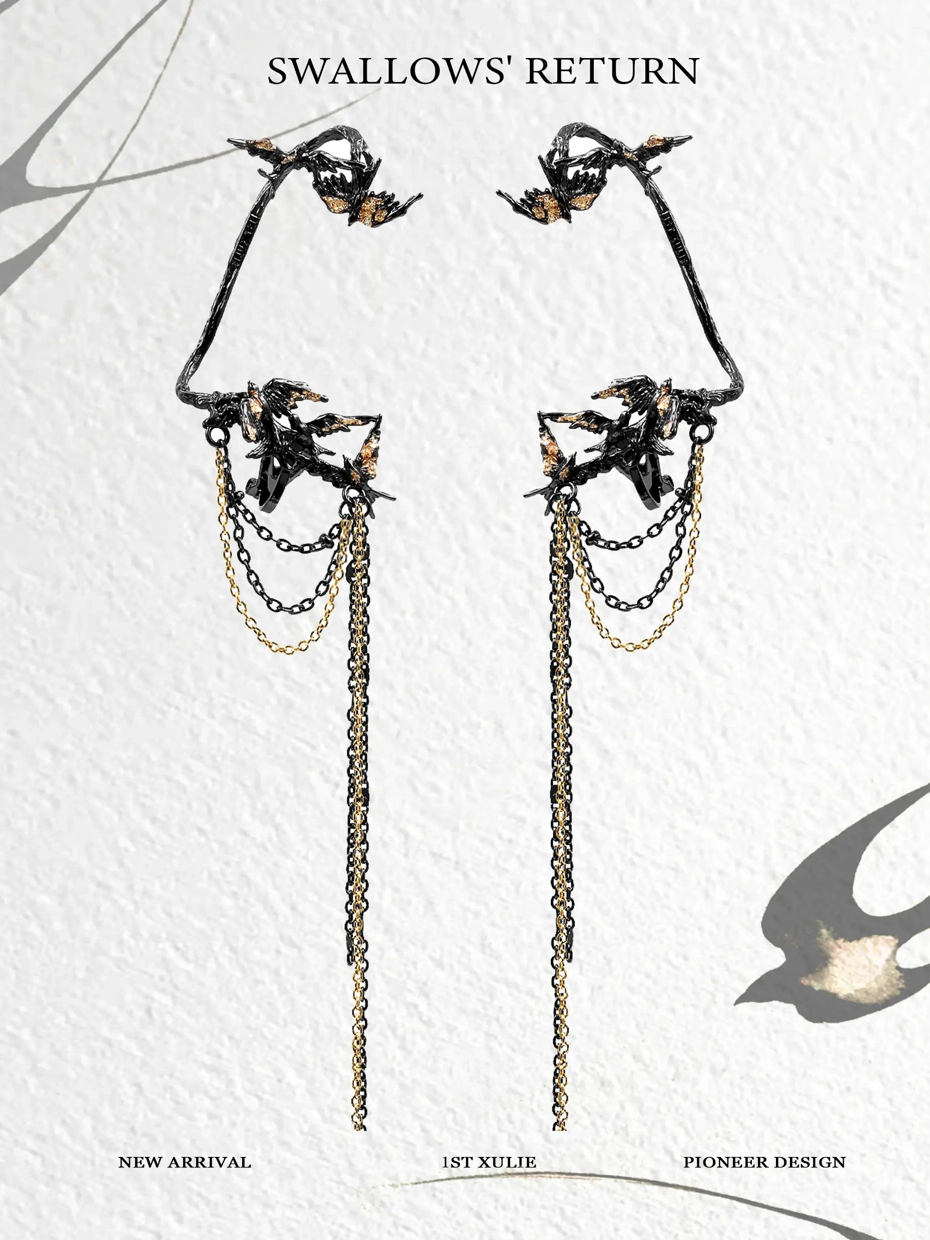 18K Gold Plated Swallow Earrings - Elegant Black Gold & Gold Leaf Hook Ear Clips for Women | Perfect for Weddings, Parties & Special Occasions