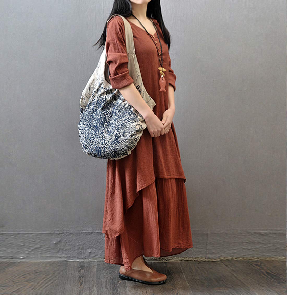 Elonglin Women's Vintage Loose Tunic Dress - Double Layer Cotton Linen T-Shirt Dress for Casual Wear, Summer Outfits & Boho Style