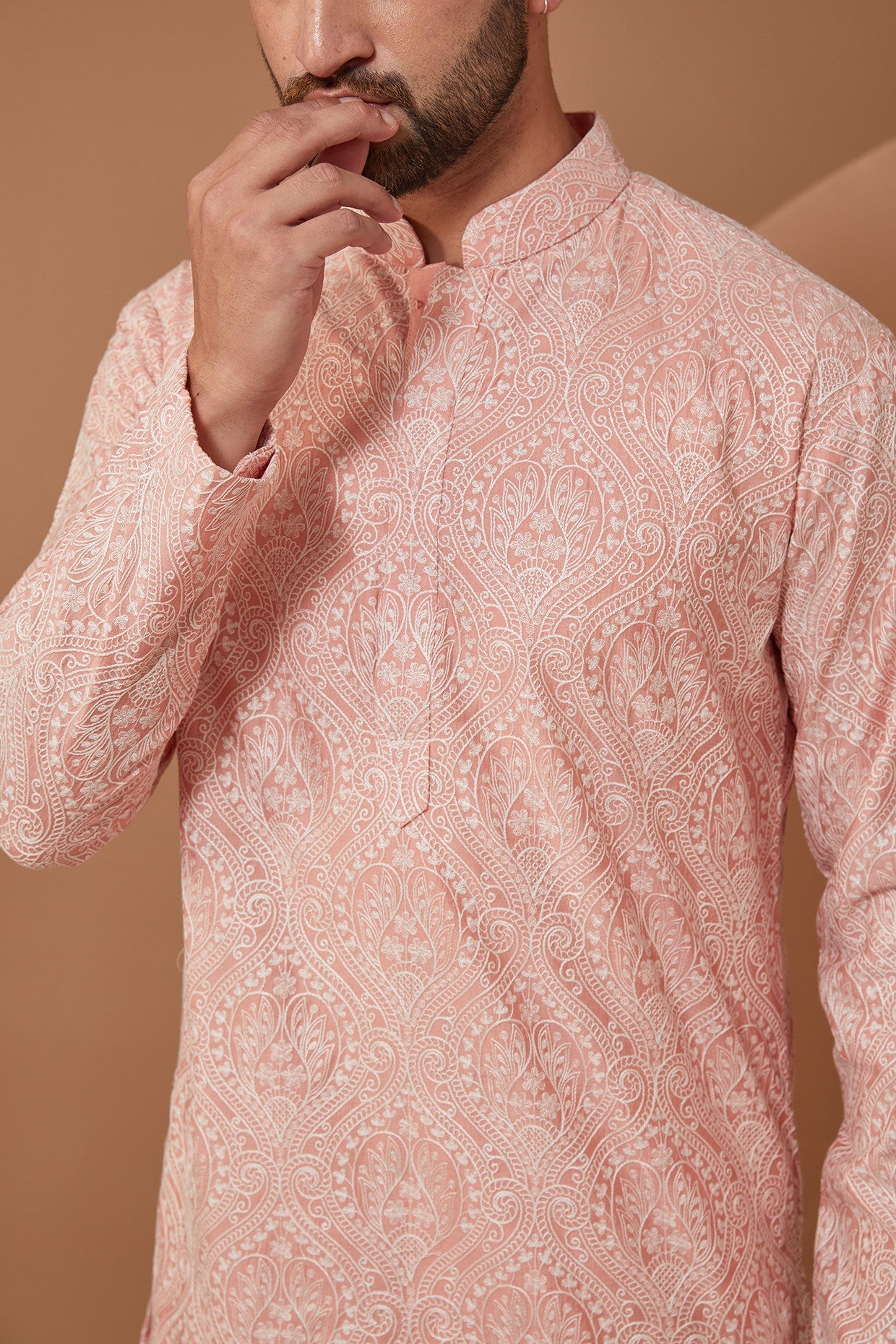 Elegant Peach Embroidered Kurta with White Threadwork - Perfect for Festivals, Weddings & Ethnic Fashion