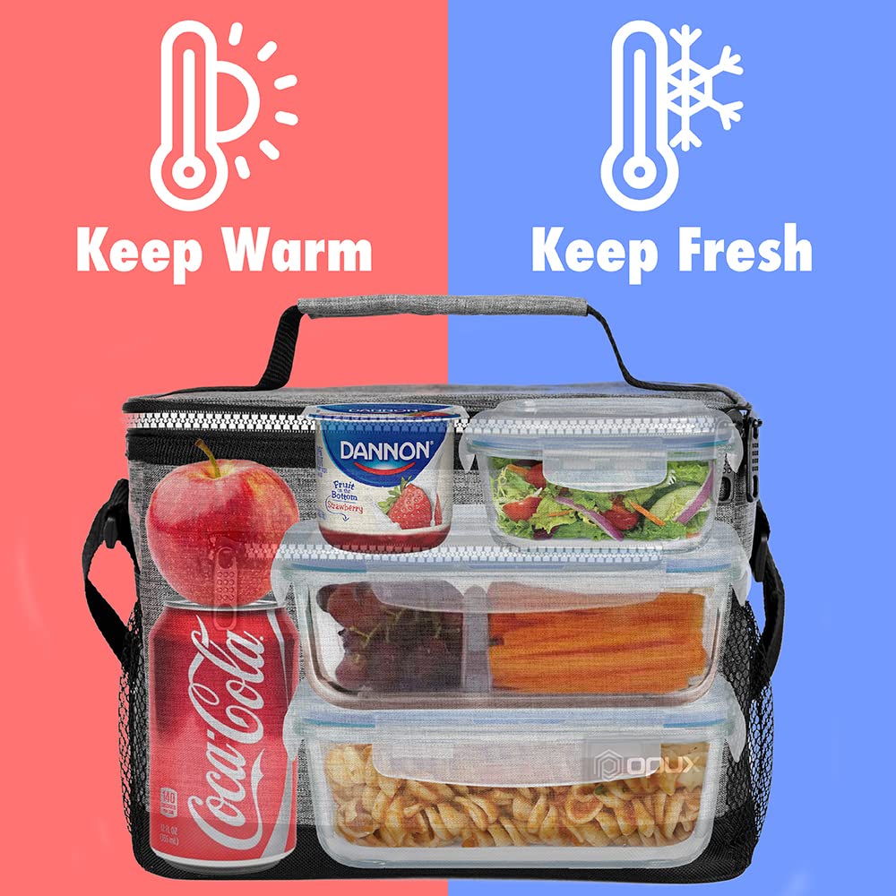 OPUX Insulated Lunch Box for Men & Women - Leakproof Soft Cooler Tote for Work, School & Travel - Large Lunch Bag for Adults & Kids - Perfect for Picnic, Beach, Hiking & Office - Heather Grey
