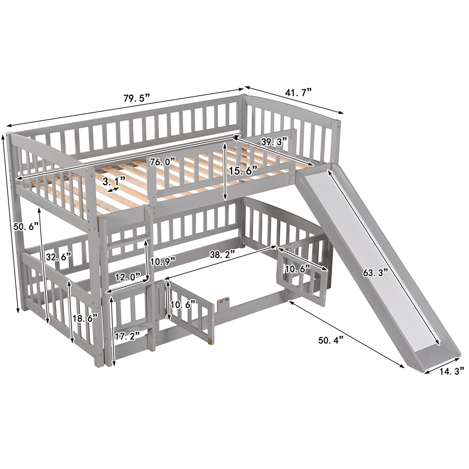 Harper & Bright Designs Twin Over Twin Low Bunk Bed with Slide - Wooden Floor Bunk Bed Frame with Safety Rails for Kids, Toddlers, Boys & Girls - Space Saving Kids Bedroom Furniture (Gray) - Perfect for Small Rooms, Shared Kids Bedrooms & Sleepovers