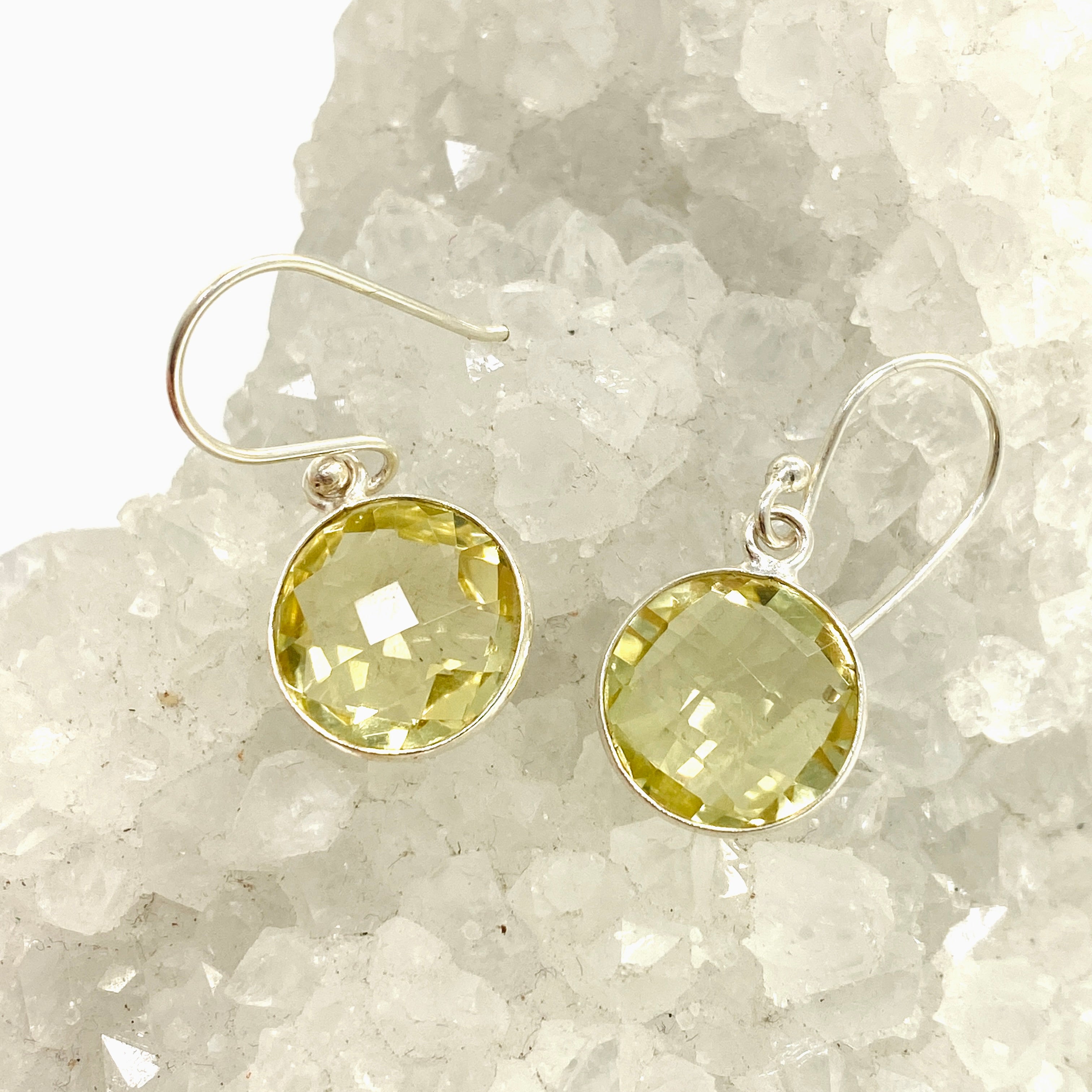 Lemon Quartz Round Checkerboard Faceted Stud Earrings for Women - Elegant Dangle Jewelry for Party, Wedding & Everyday Wear (PEGJ335)