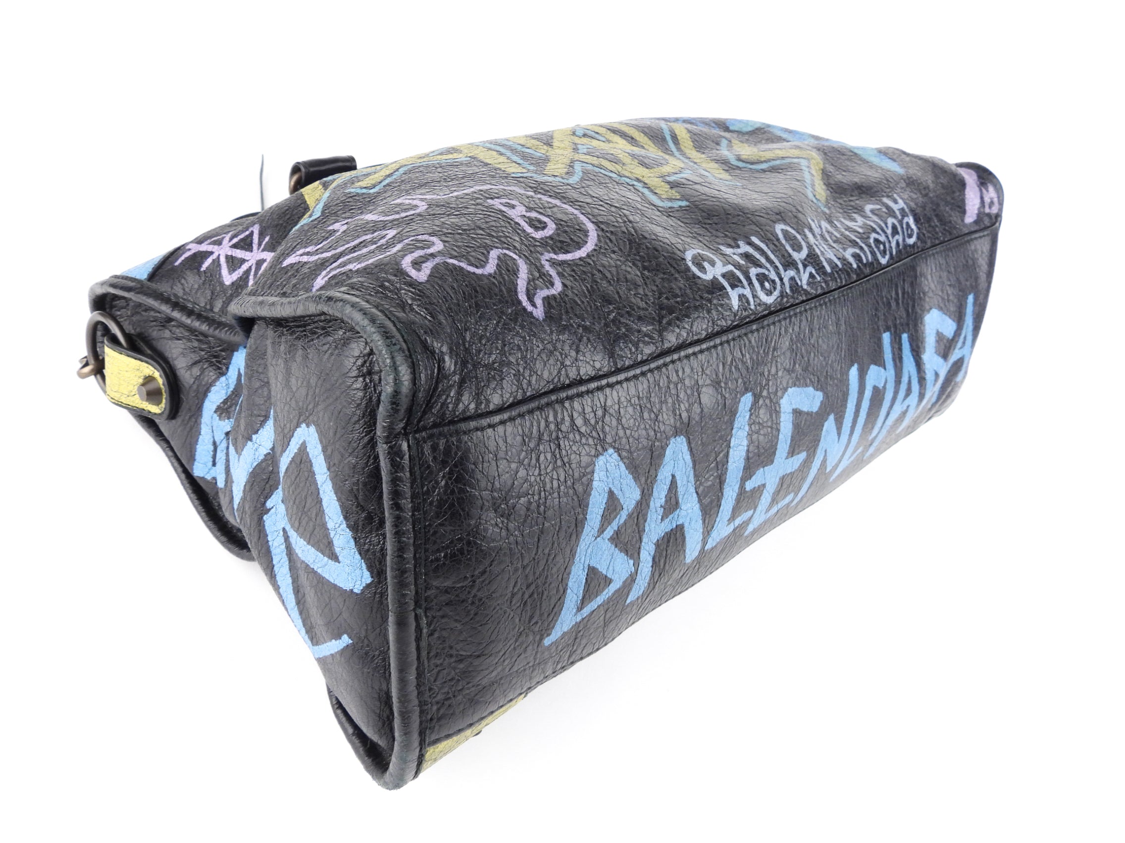 Balenciaga Black Graffiti Print Leather Moto Classic Two-Way City Bag for Women - Stylish Crossbody & Shoulder Bag for Daily Use, Work, Travel and Night Out