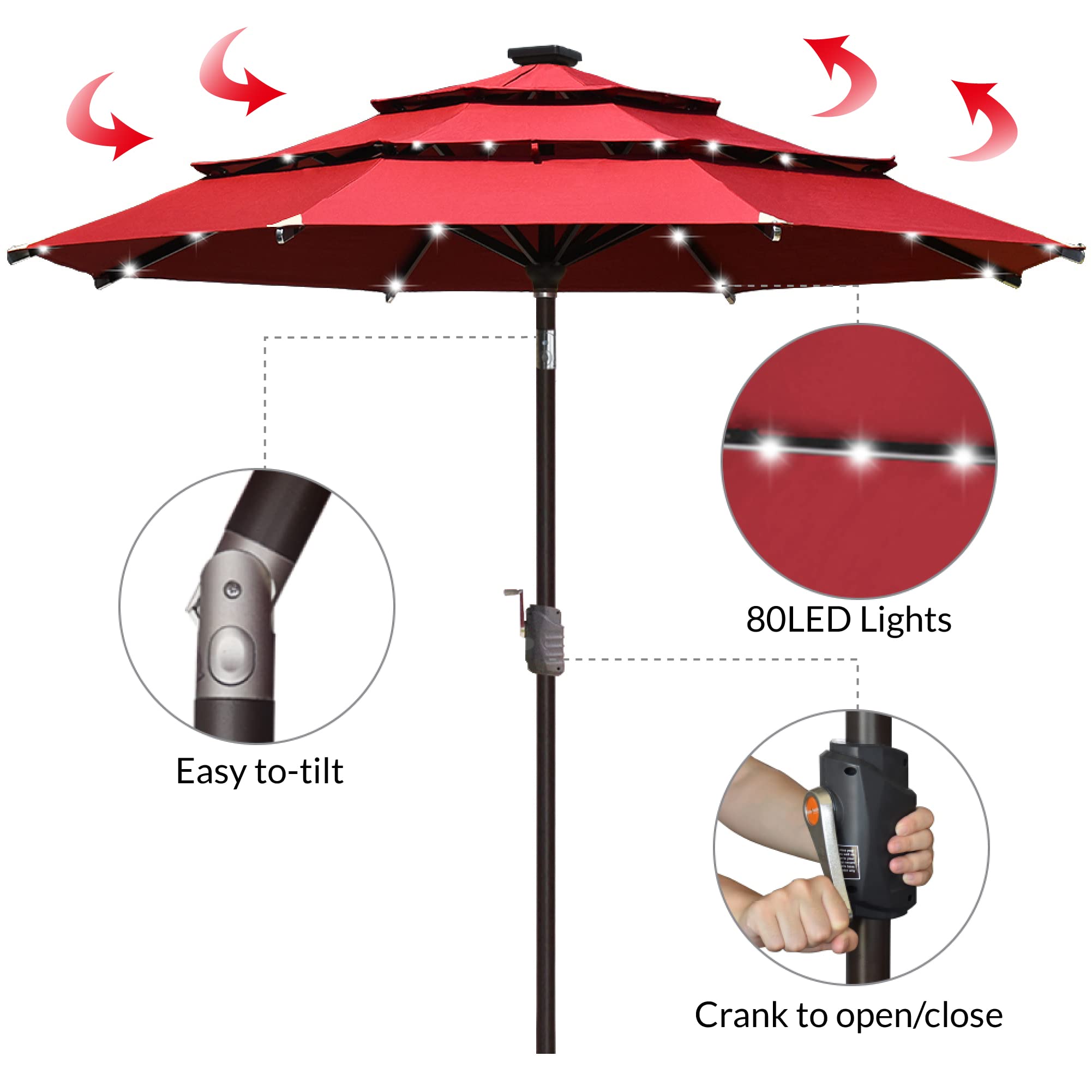 EliteShade 9ft 3-Tier Solar LED Patio Umbrella with 80 Lights - 10-Year Fade-Resistant, Ventilated Outdoor Market Umbrella (Logo Red) - Perfect for Backyard, Poolside, Restaurant & Outdoor Dining Areas